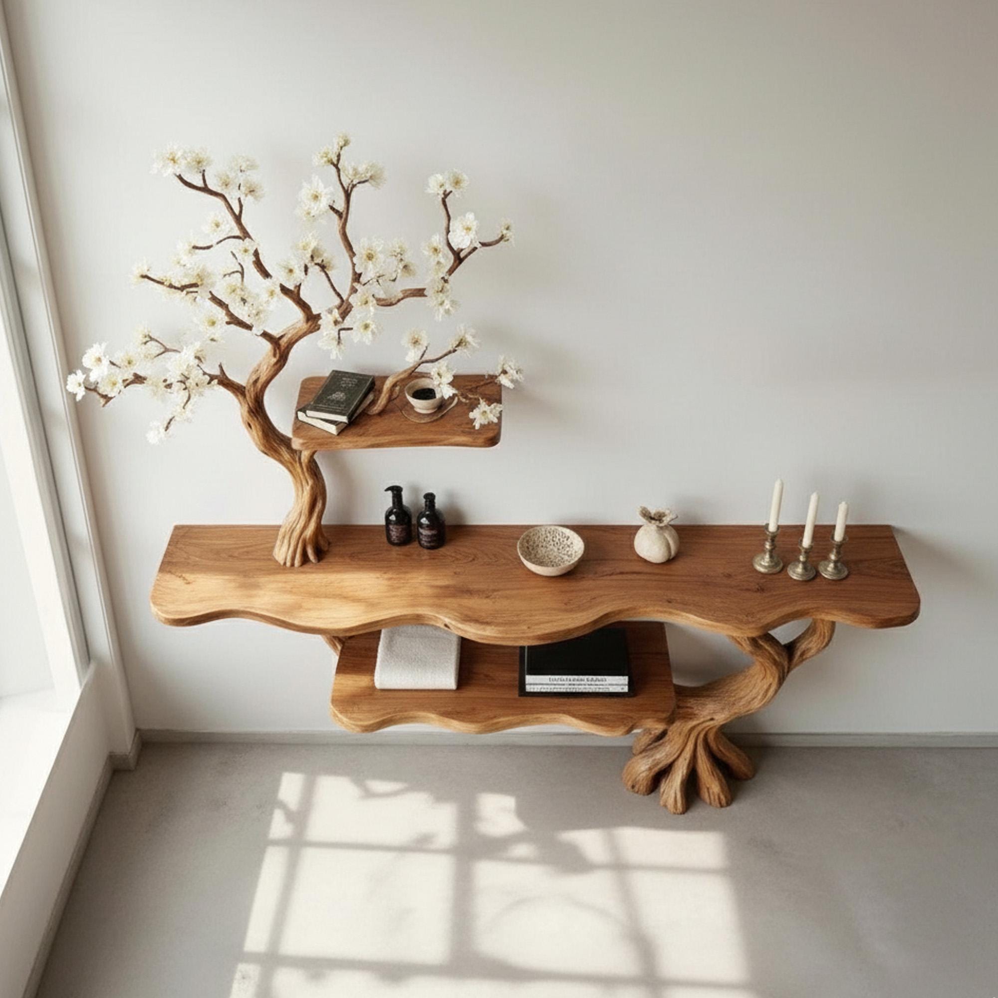 Driftwood console table tree branch entryway table narrow bookshelf display bookcase solid wood