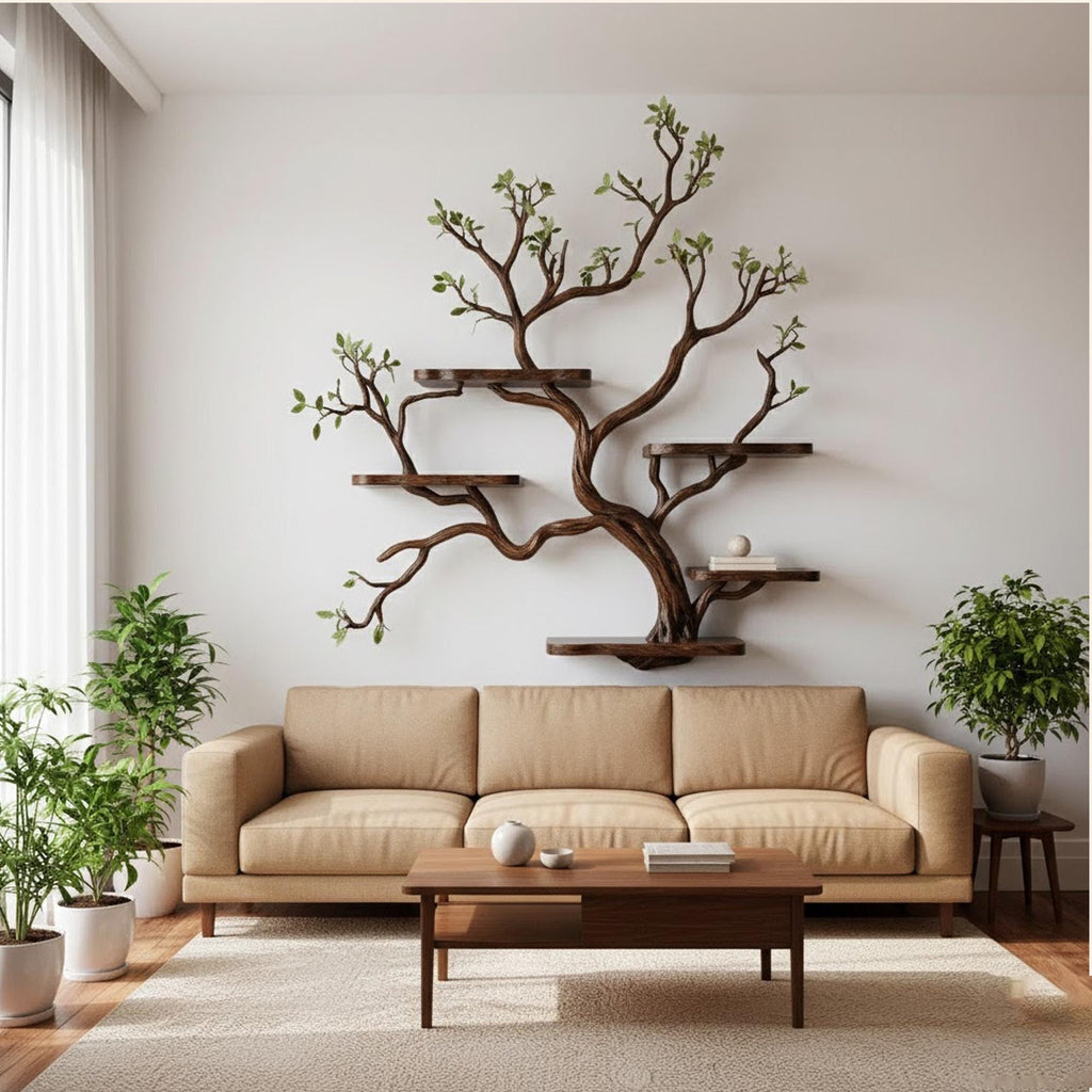Floating tree branch book shelf on wall live edge floating shelves art bookshelf solid wood for home decor