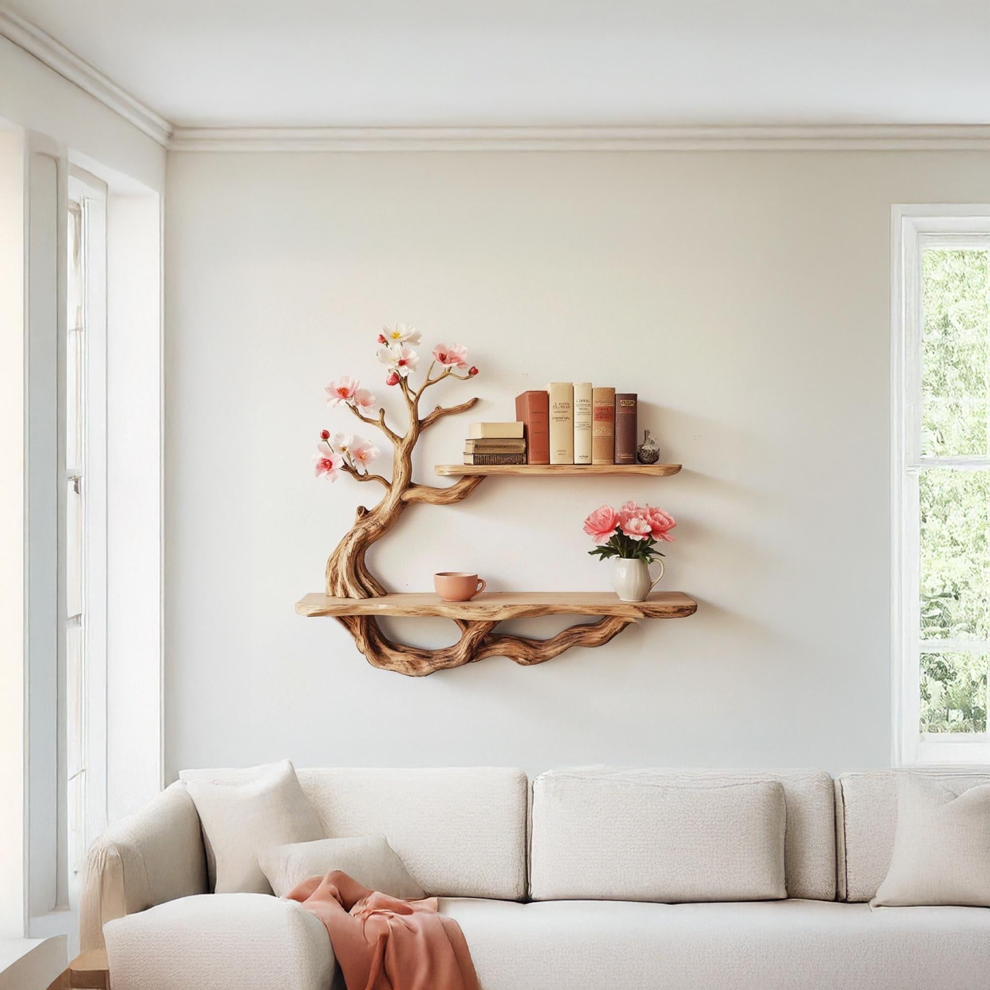 Handcrafted driftwood shelf natural tree bookshelf wall mount solid wood bookcase for living spaces decor