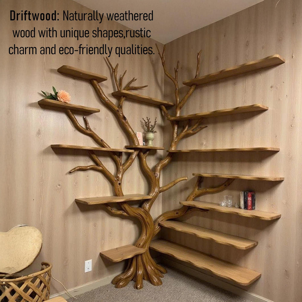 Corner bookshelf tree branch book shelf solid wood floating shelves wall art driftwood shelving decoration