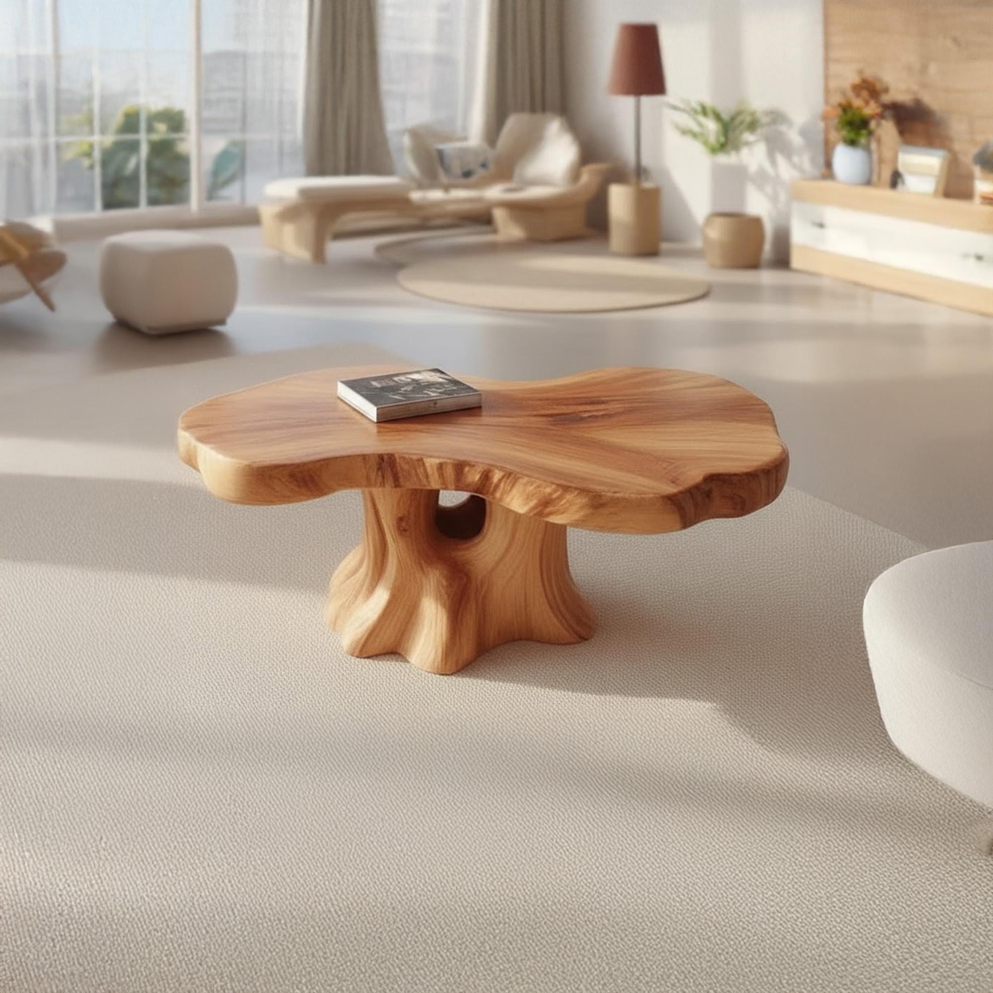 Live edge solid wood coffee table narrow oval dining table wood carving art wabi sabi living room furniture