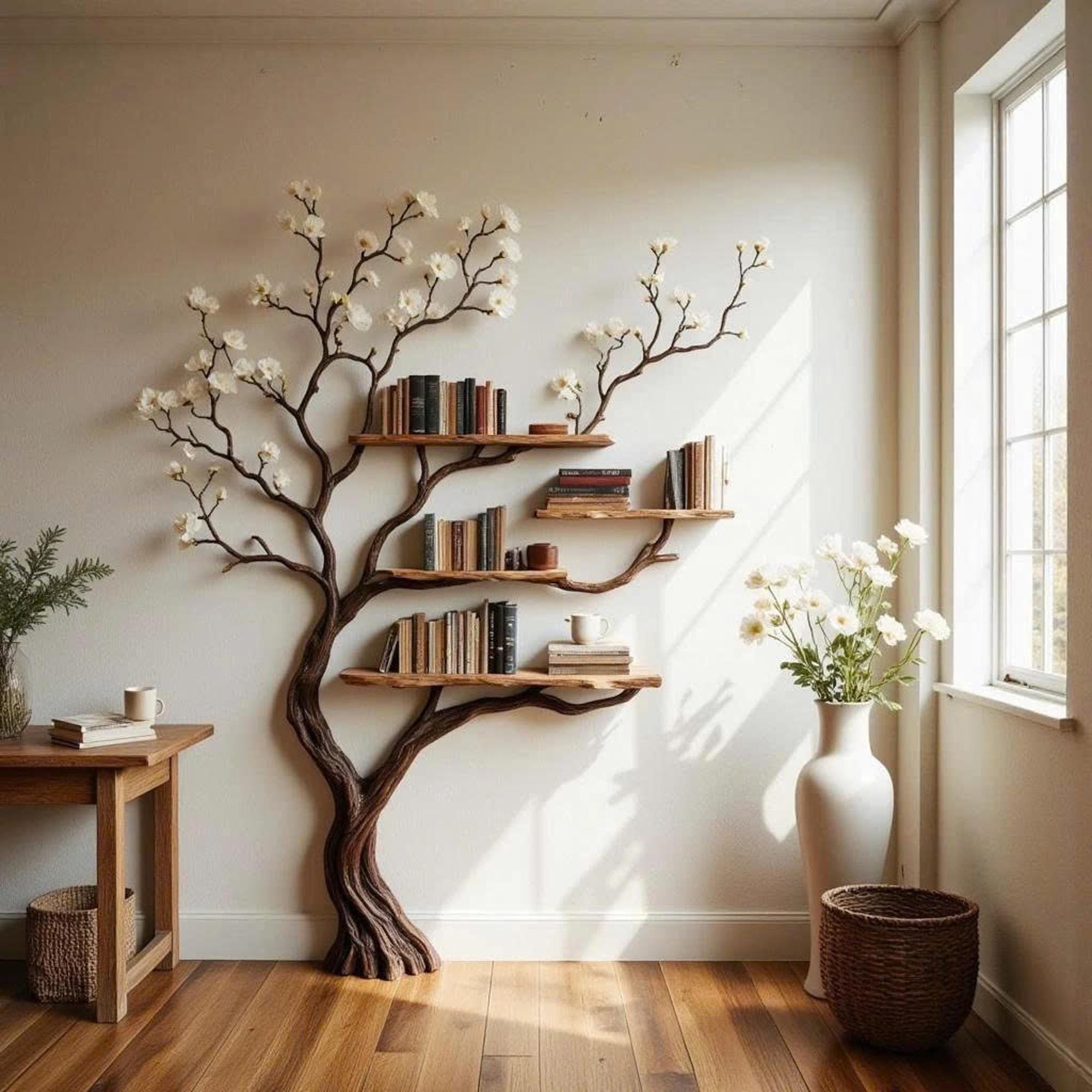 Tree bookshelf with natural driftwood branch wall mounted art solid wood bookcase handmade home decor gift