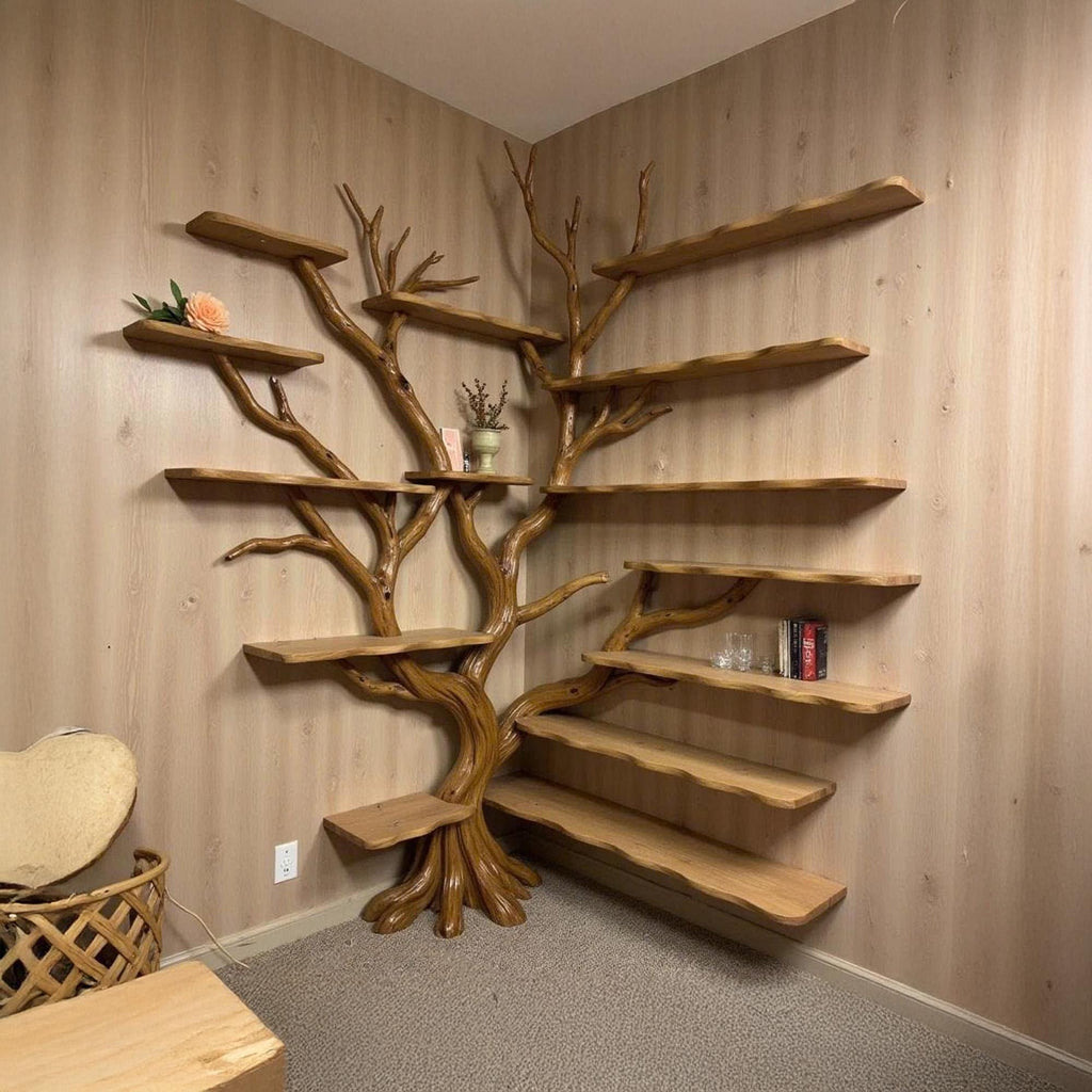 Corner bookshelf tree branch book shelf solid wood floating shelves wall art driftwood shelving decoration