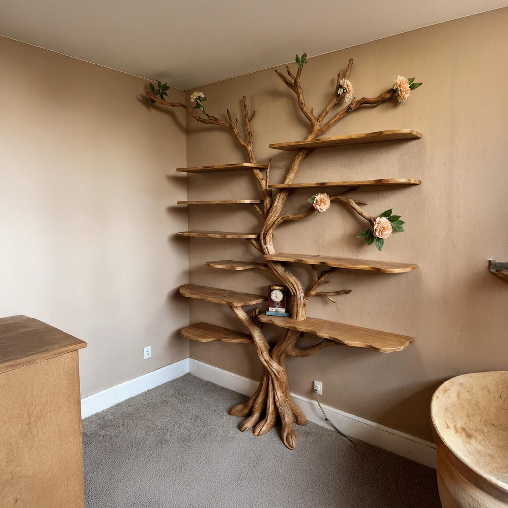 Tree branch bookshelf driftwood bookcase live edge floating shelves on wall art home decor