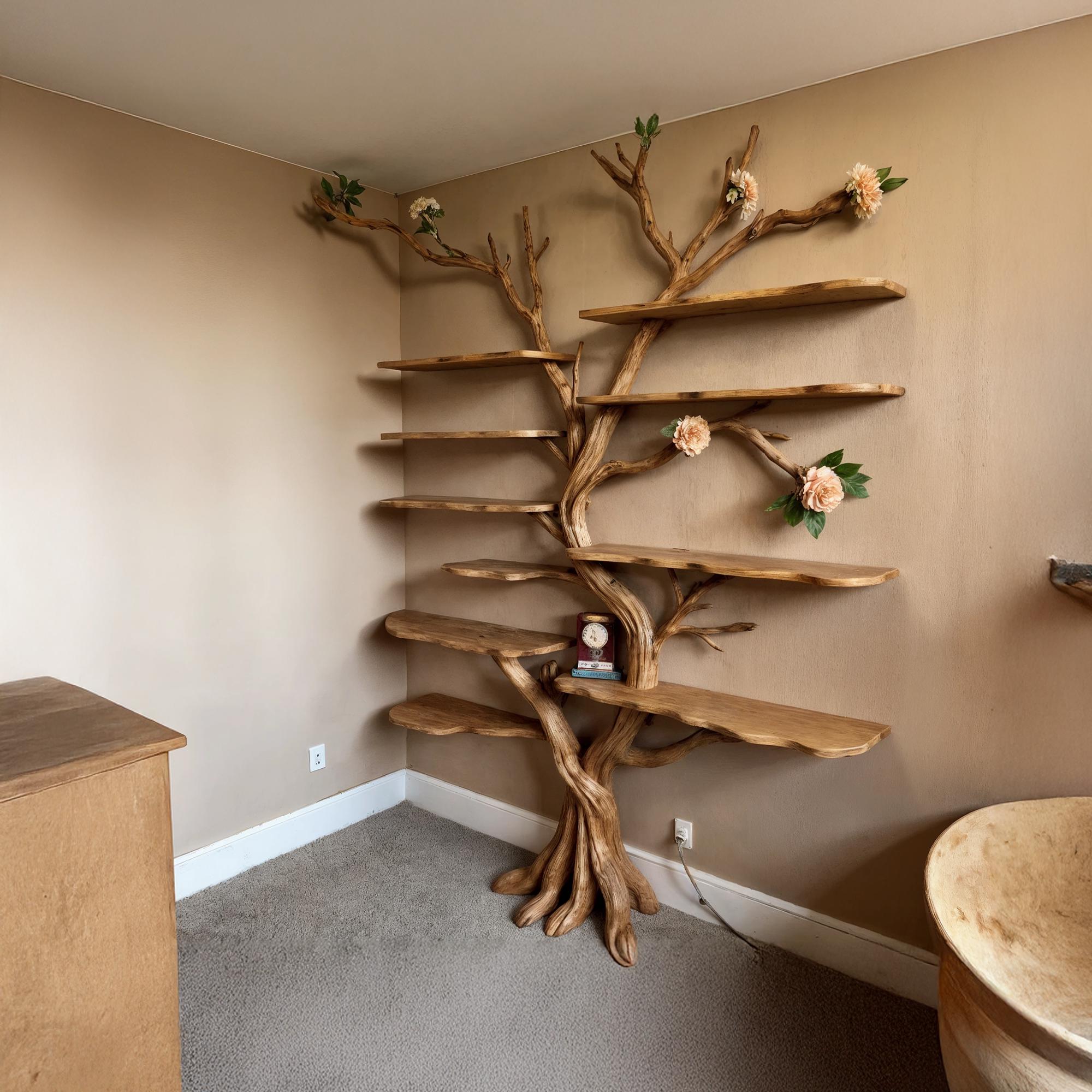 Tree branch bookshelf driftwood bookcase live edge floating shelves on wall art home decor
