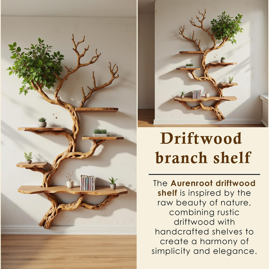 Driftwood floating bookshelf tree branch book shelf solid wood wall mounted shelves fake leaf bookcase decor