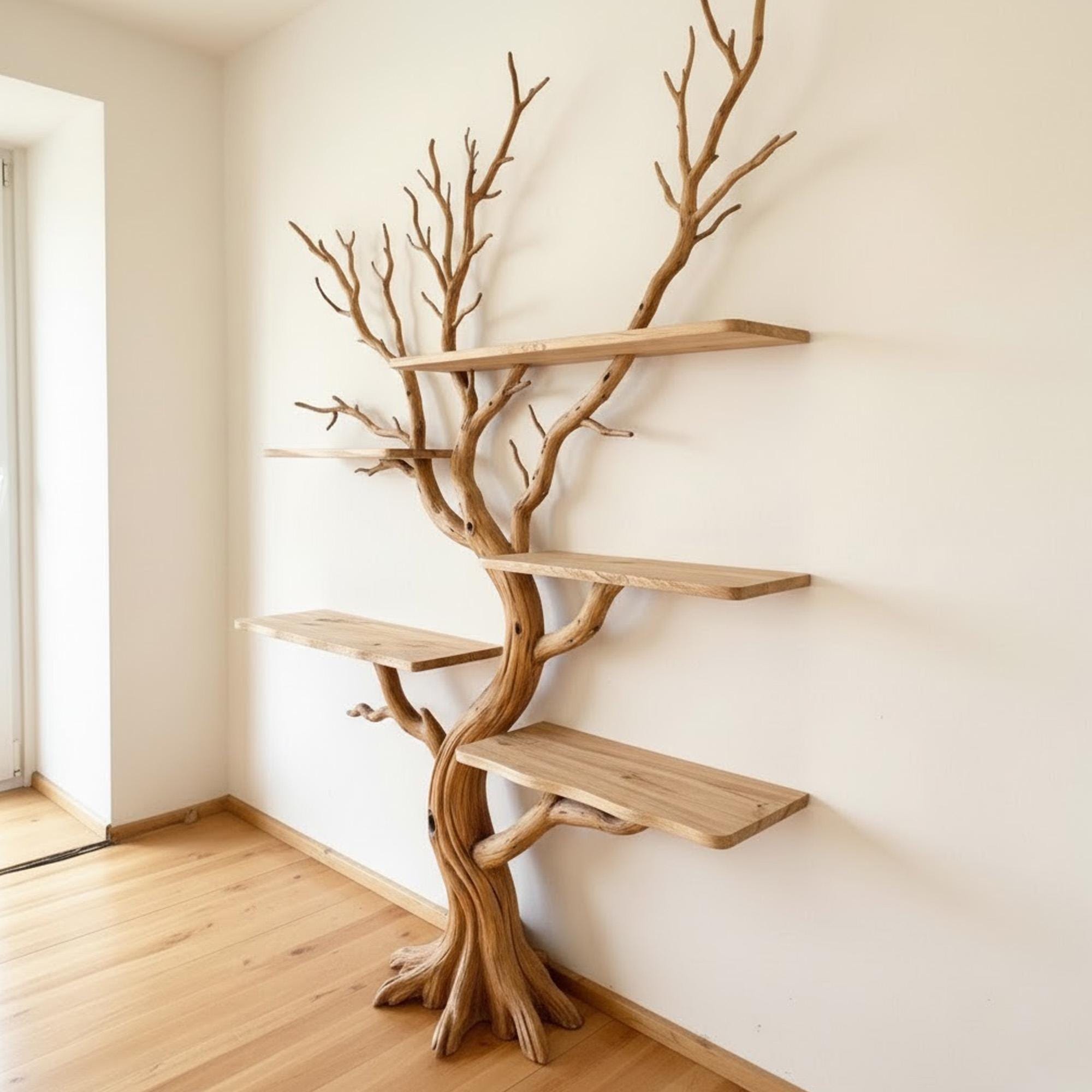 Tree branch book shelf floating shelves on wall standing bookcase solid wood sculpture art