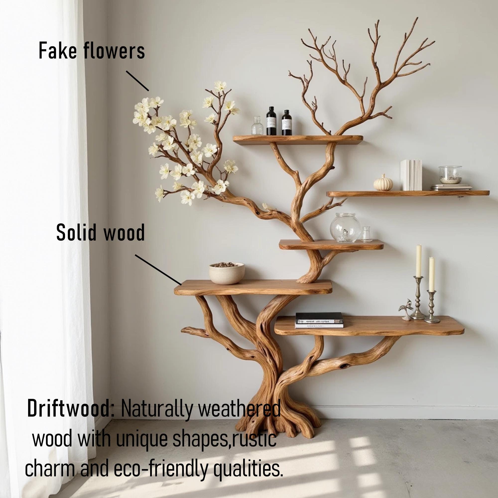 Tree branch bookshelf solid wood console table wall mount driftwood carving art decor