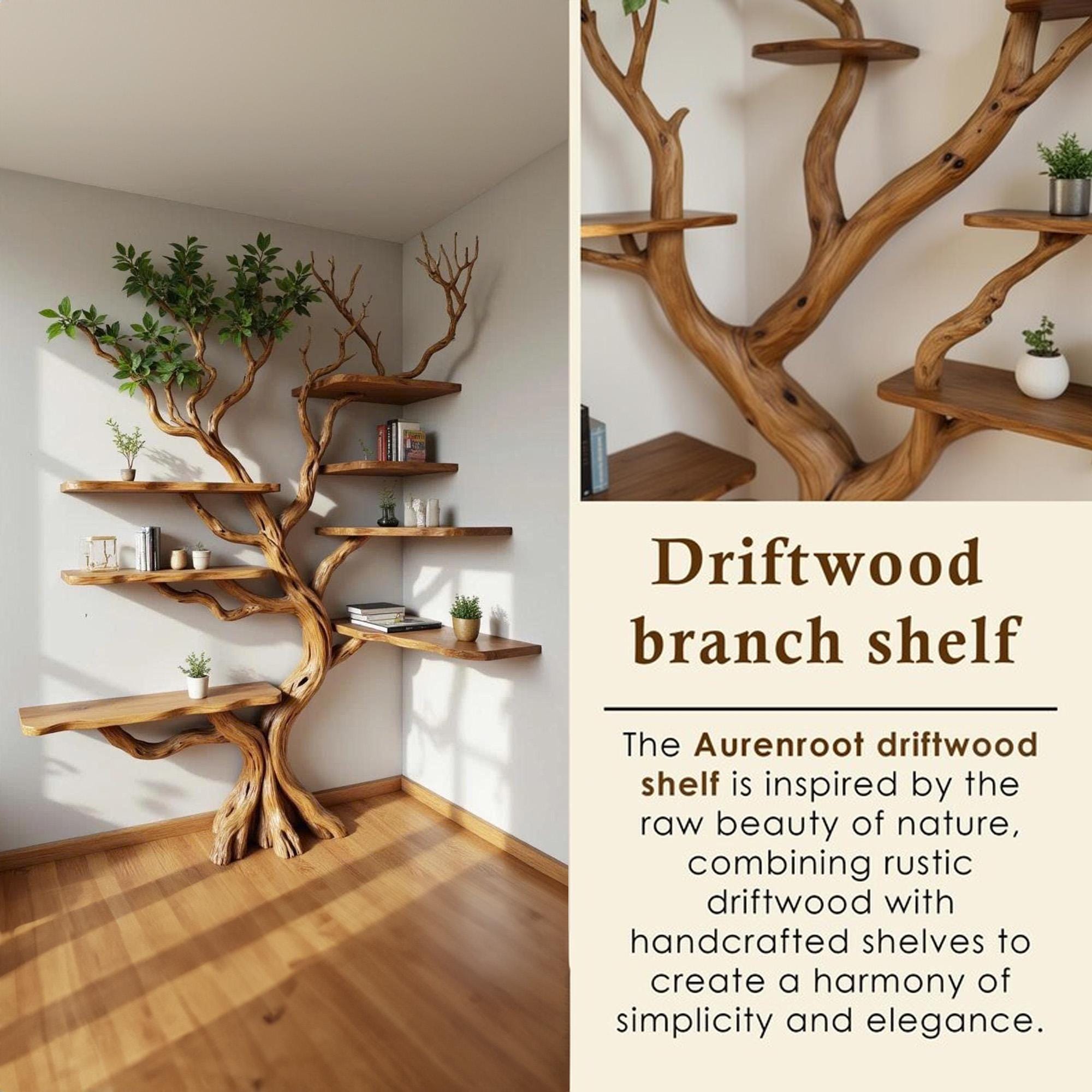 Corner tree floating bookshelf tree branch fake leaves bookcase wall mount live edge driftwood shelf