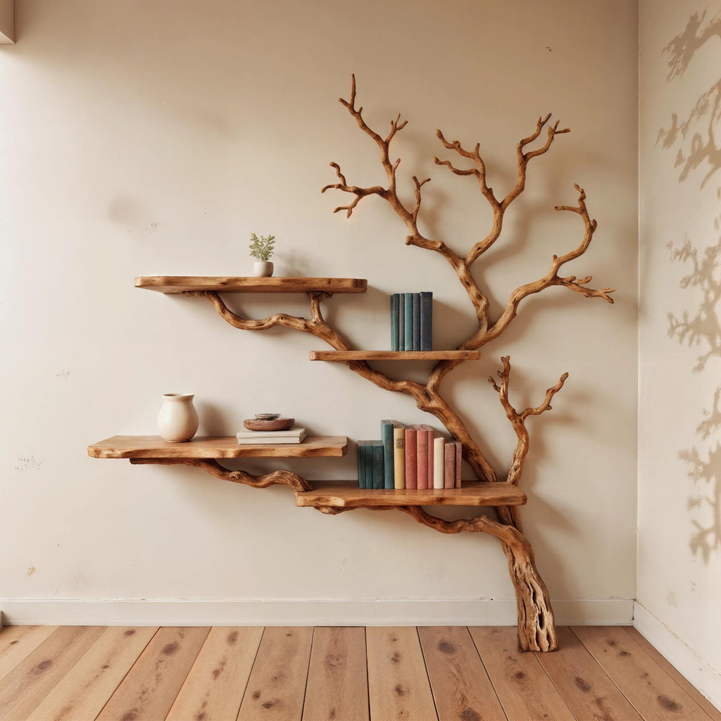 Tree branch bookshelf wall mounted bookcase art driftwood shelf solid wood bookshelves decor for living room