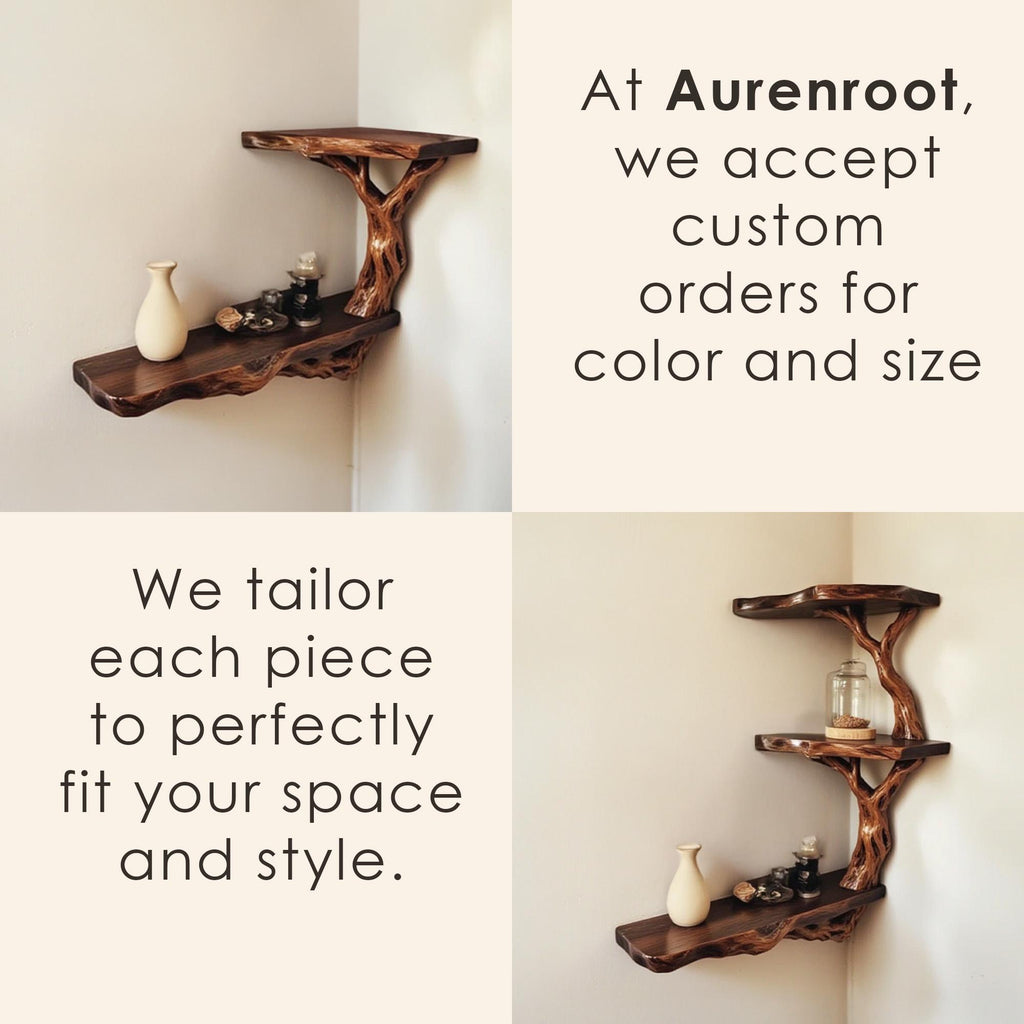 Corner floating bookshelf solid wood tree branch wall mount shelving handmade bookcase wood wall unique furniture decorations