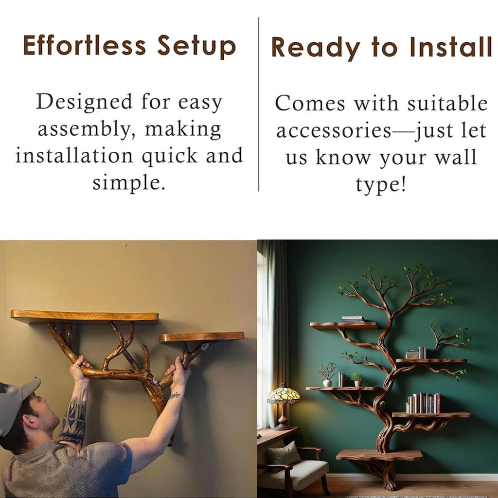 Driftwood branch tree floating shelf bookshelf solid wood bookcase home decor for living room