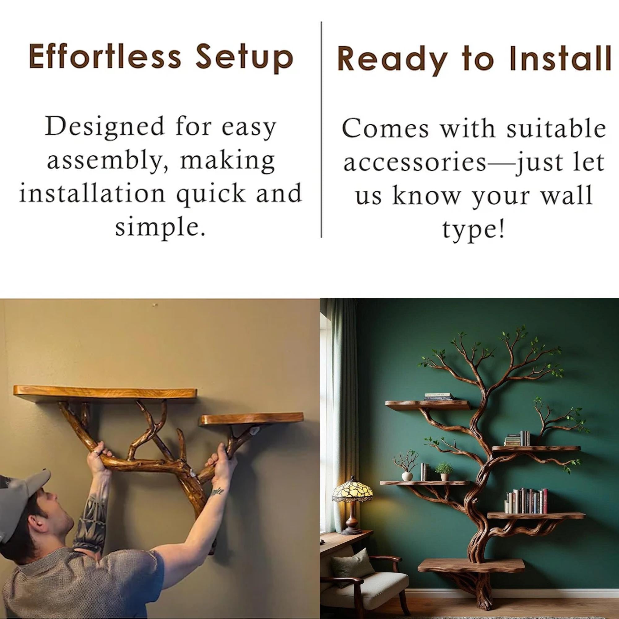 Driftwood branch tree floating shelf bookshelf solid wood bookcase home decor for living room