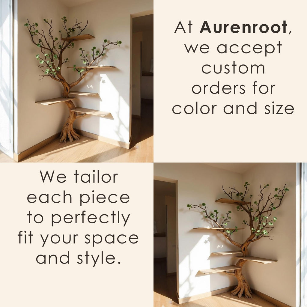 Corner tree branch book shelf standing bookcase solid wood floating shelves on wall driftwood shelving art