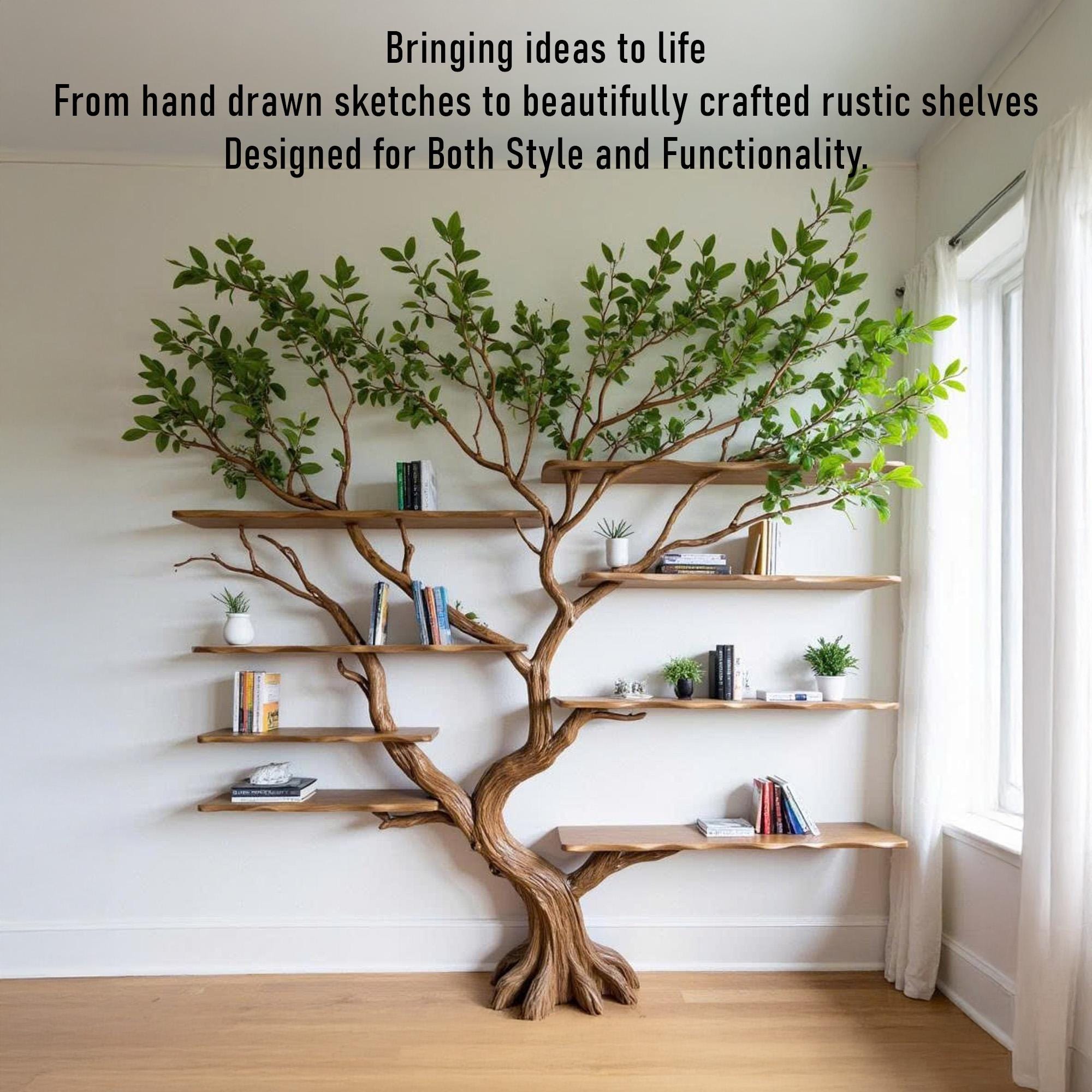 Driftwood Tree Branch Bookshelf: Rustic Floating Wall Decor