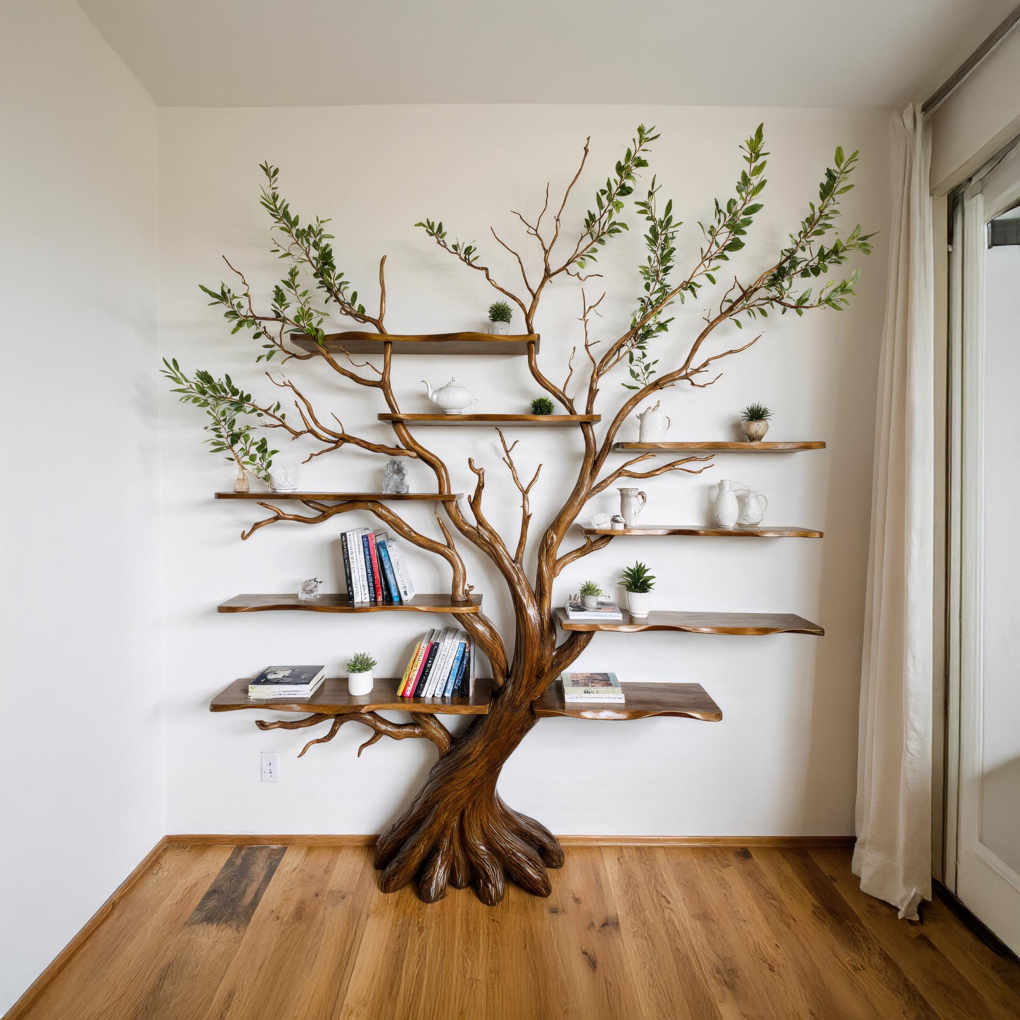 Tree branch bookshelf driftwood shelf on wall art solid wood bookcase book shelf unique decor