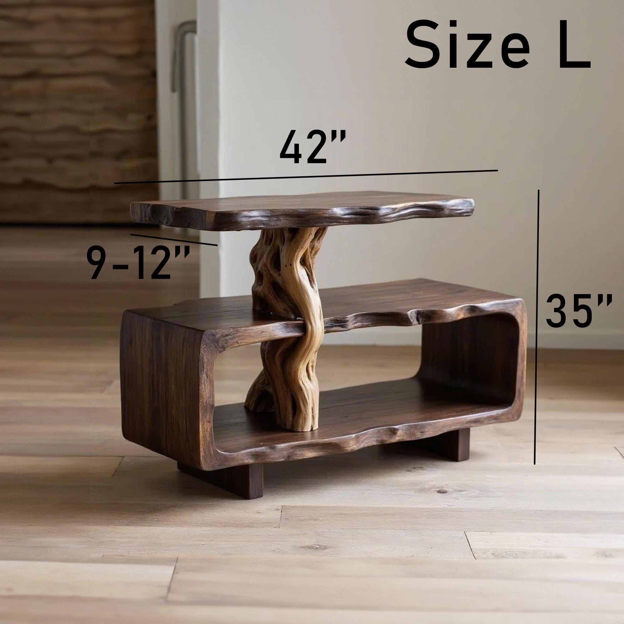 Solid wood side table tree branch bookshelf free standing shelf driftwood art