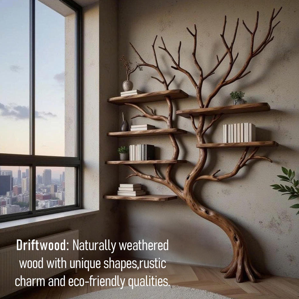 Corner driftwood tree branch solid wood bookshelf wall mount floating live edge furniture decoration