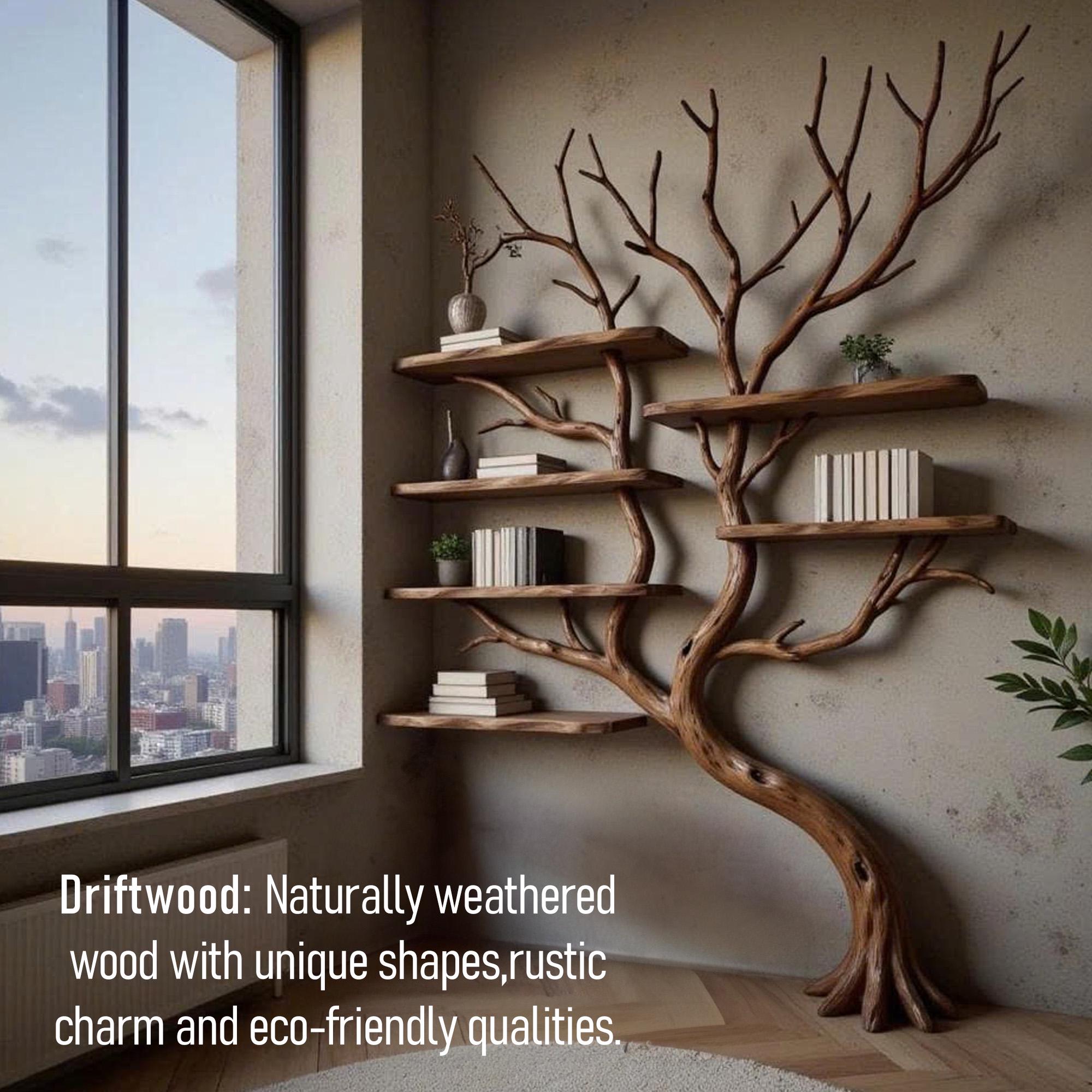 Corner driftwood tree branch solid wood bookshelf wall mount floating live edge furniture decoration