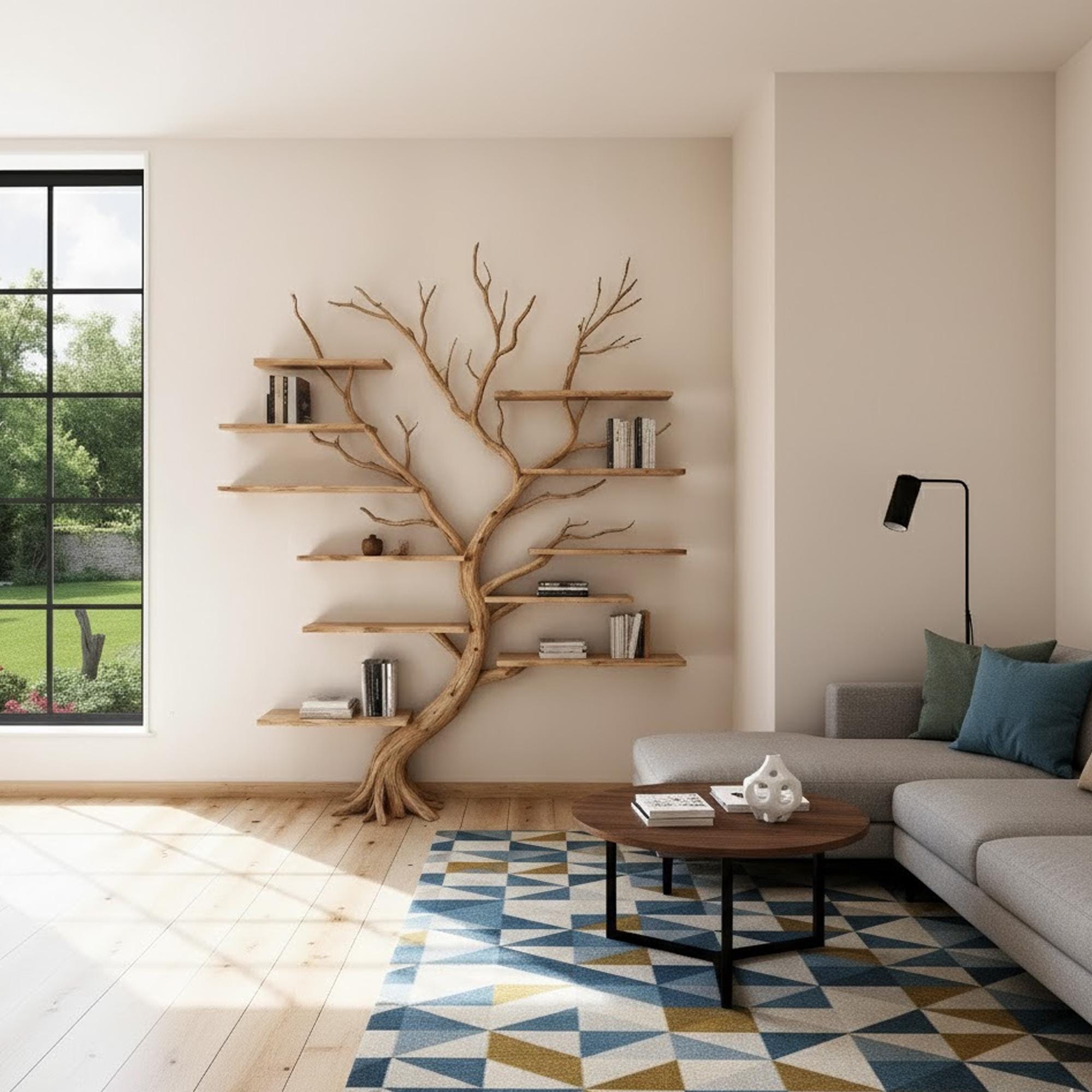 Tree branch bookshelf art wall mount driftwood shelf solid wood bookcase for home