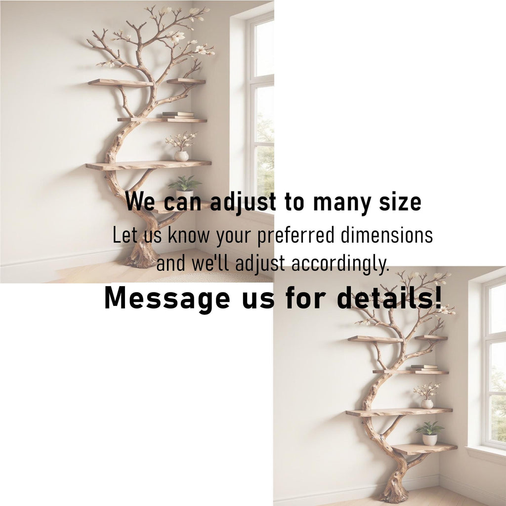 Tree branch bookshelf corner floating wood shelf on wall art driftwood branch book shelf unique decor