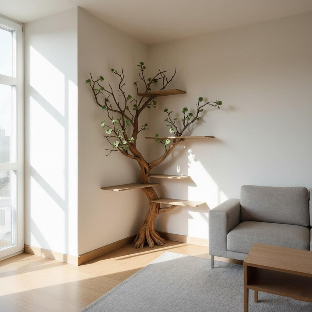 Corner tree branch book shelf standing bookcase solid wood floating shelves on wall driftwood shelving art