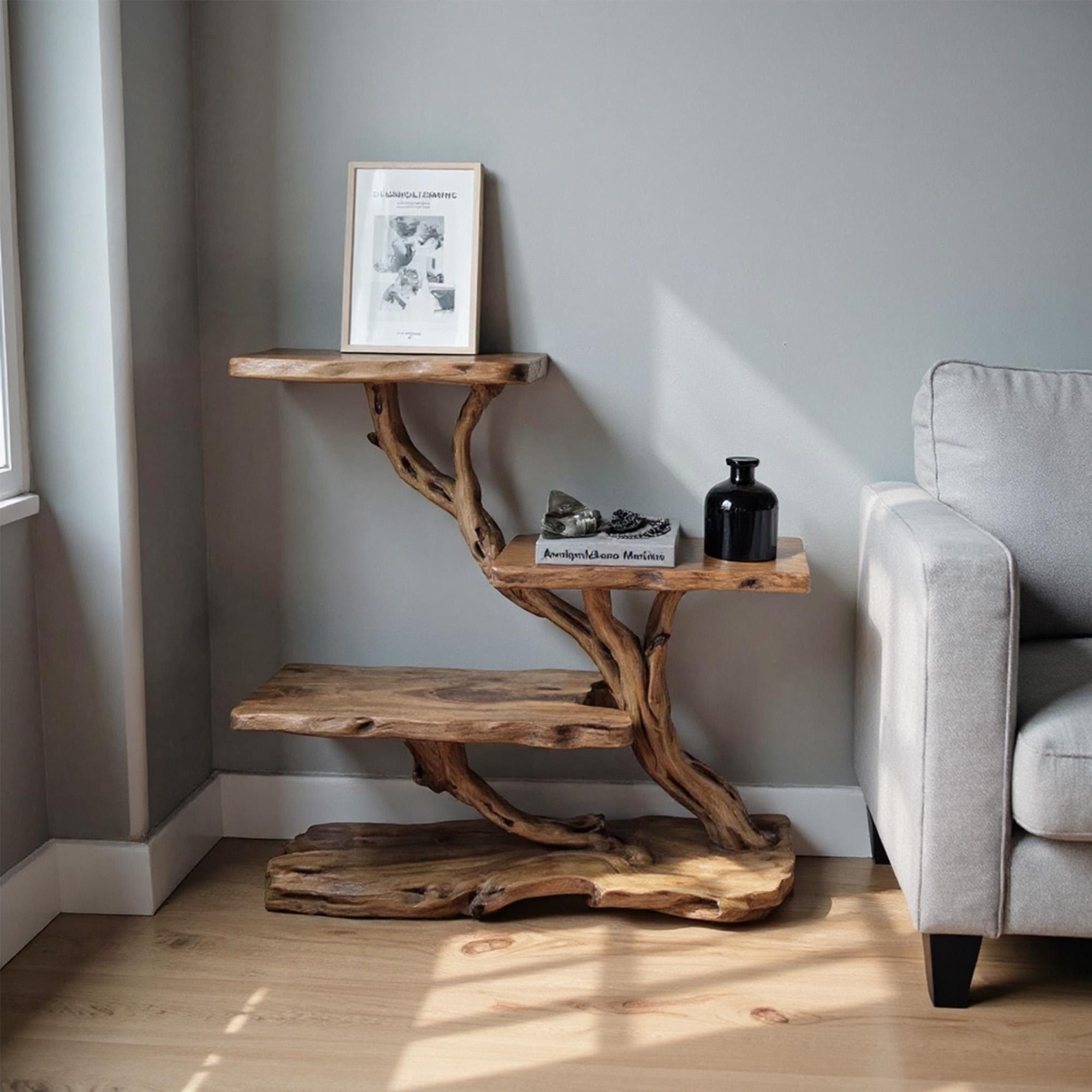 Driftwood nightstand bedside bookshelf tree branch bookcase free standing mini stand shelving rustic home decoration