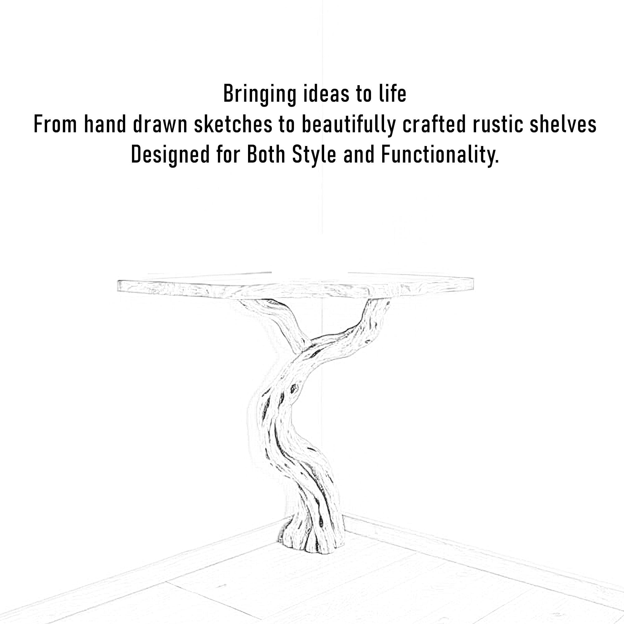 Driftwood corner console table natural tree branch rustic table entryway floating bookshelf handmade furniture