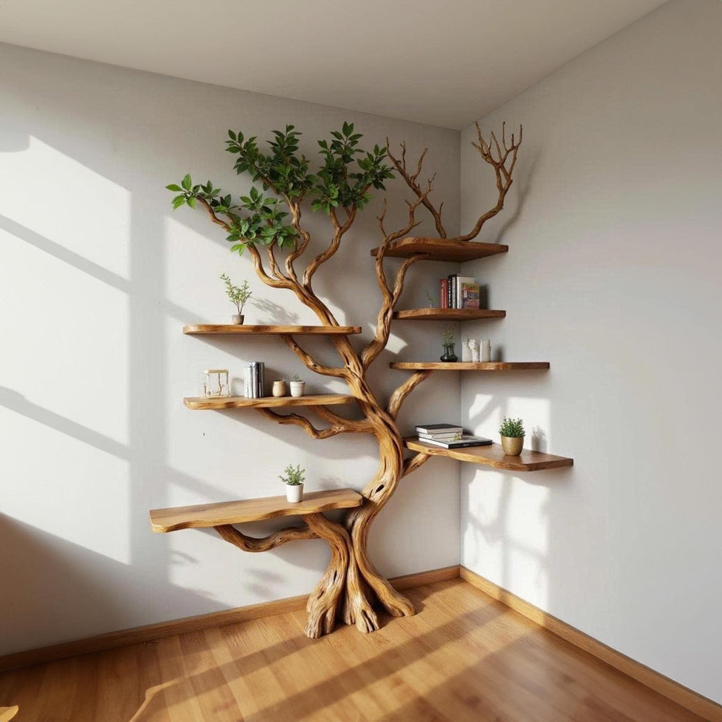 Corner tree floating bookshelf tree branch fake leaves bookcase wall mount live edge driftwood shelf