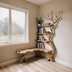 Driftwood Corner Bookshelf: Solid Wood Tree Branch Carving