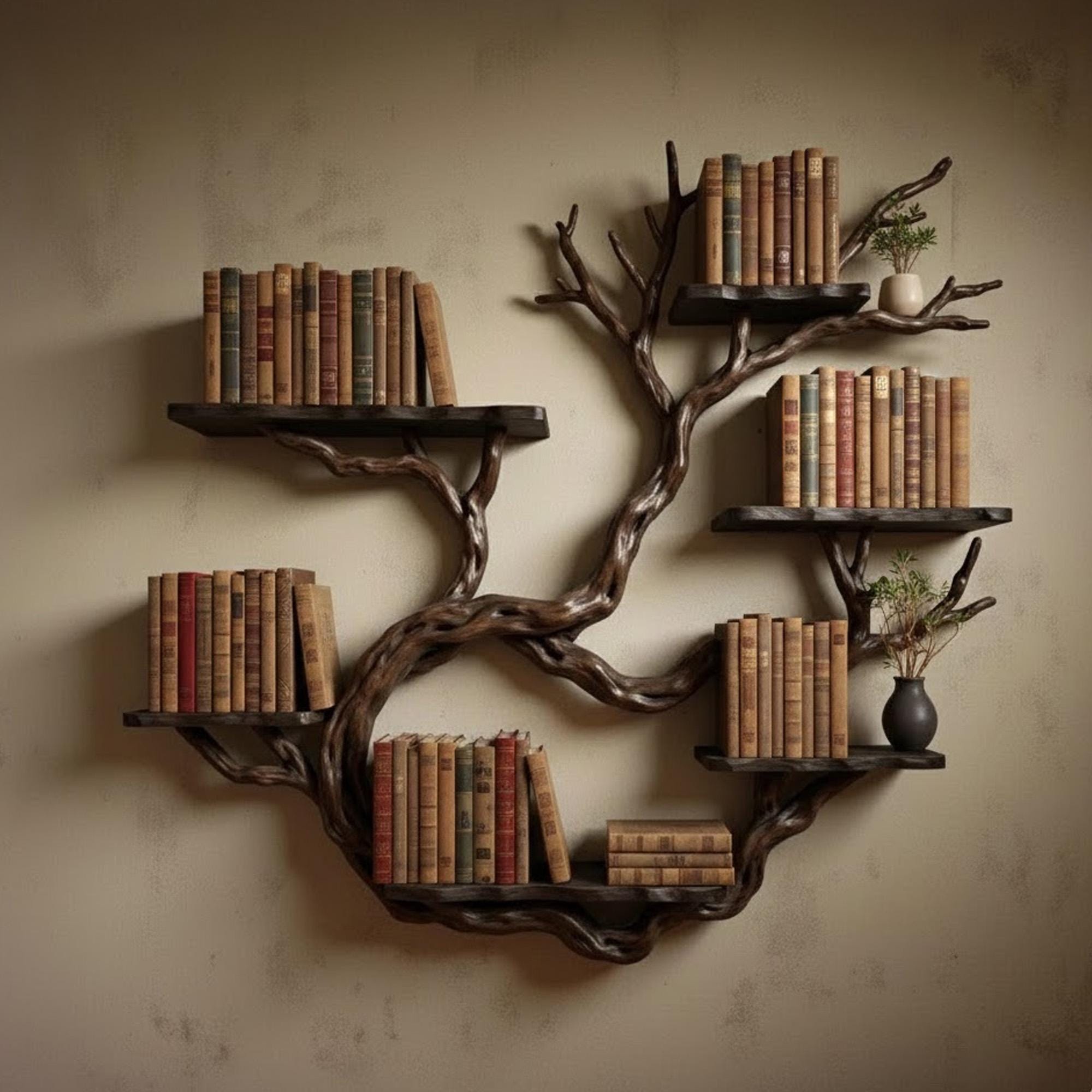 Wall mount driftwood tree shelf rustic bookshelf branch tree shape art sculptured housewarming