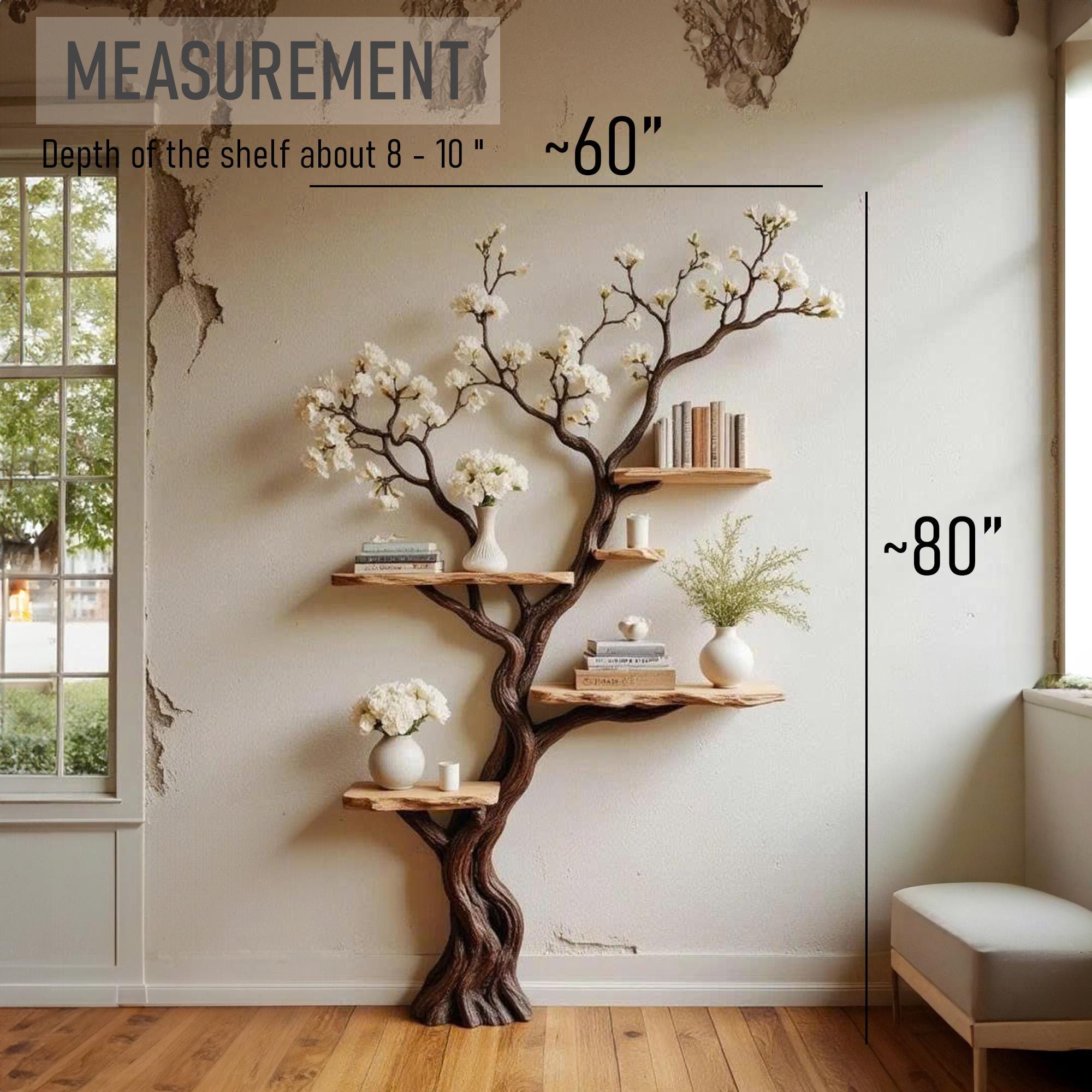 Tree floating shelf solid wood bookshelf wall art natural driftwood branch floor bookcase wood carving decor