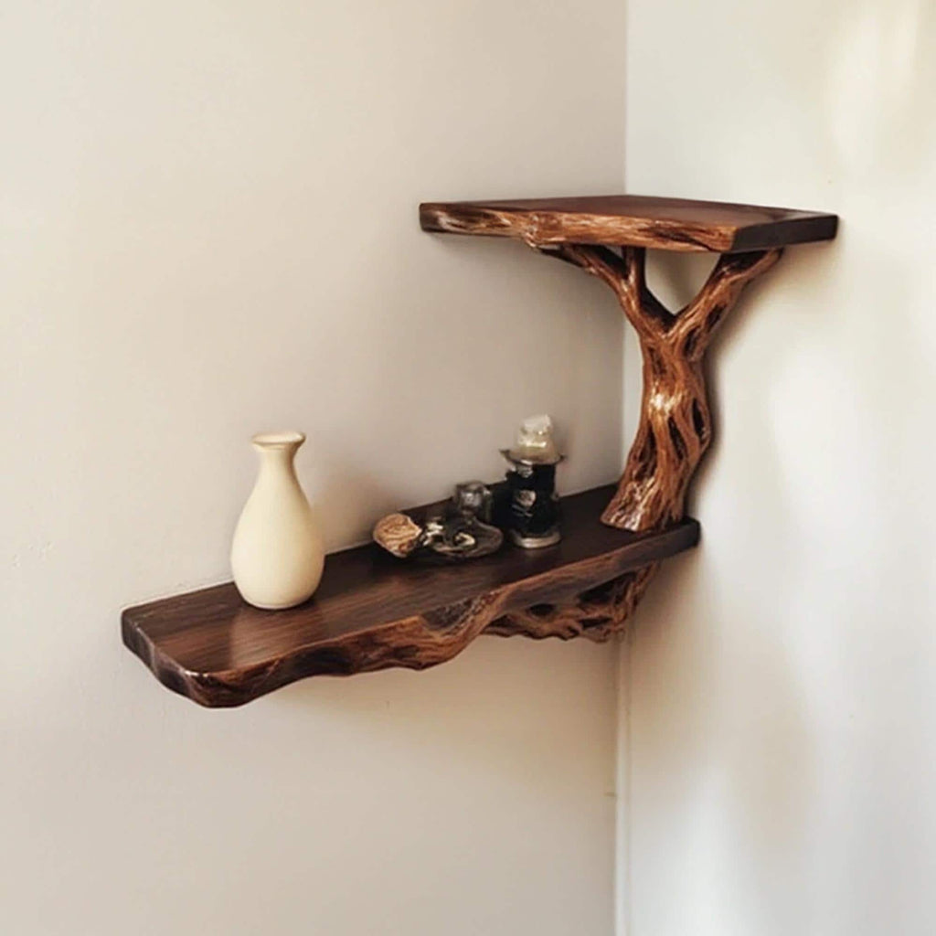 Corner floating bookshelf solid wood tree branch wall mount shelving handmade bookcase wood wall unique furniture decorations