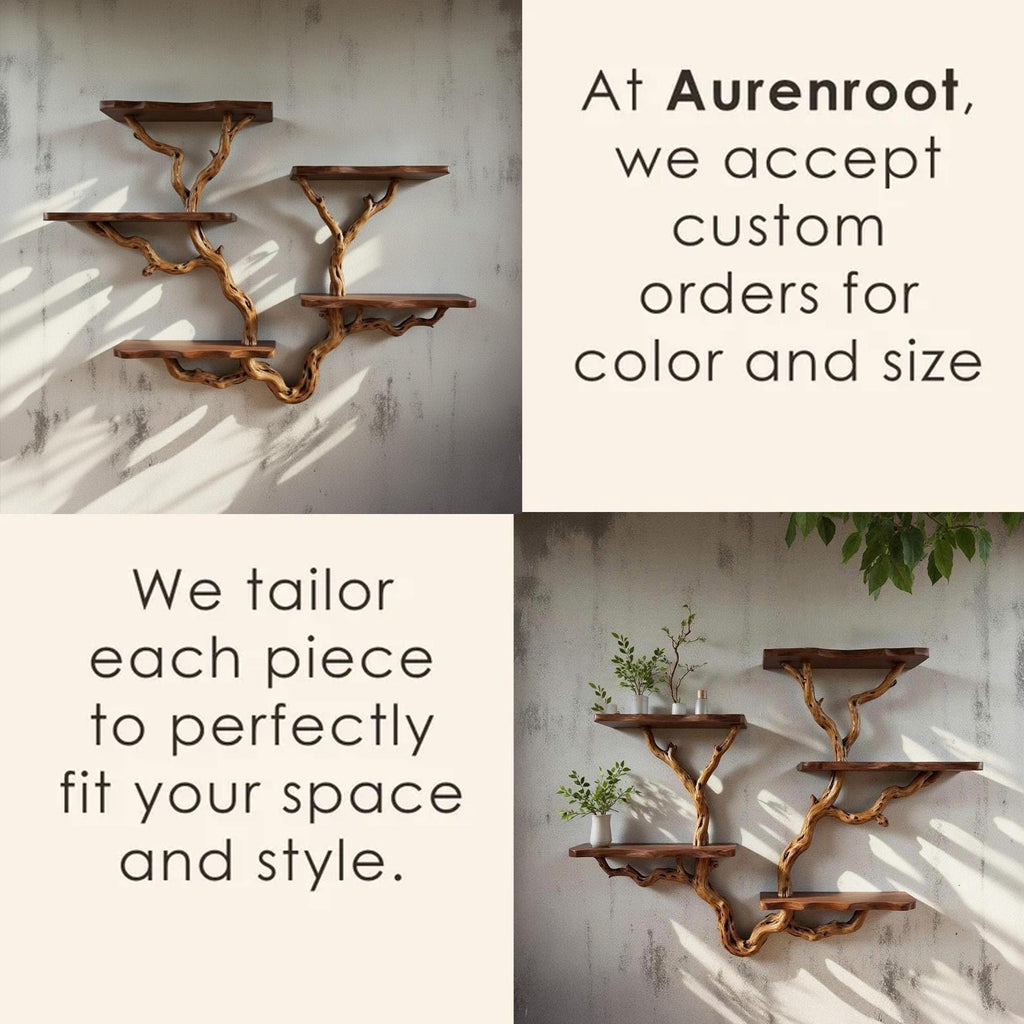 Driftwood floating tree bookshelf walnut color wall mount shelving bookcase solid wood live edge