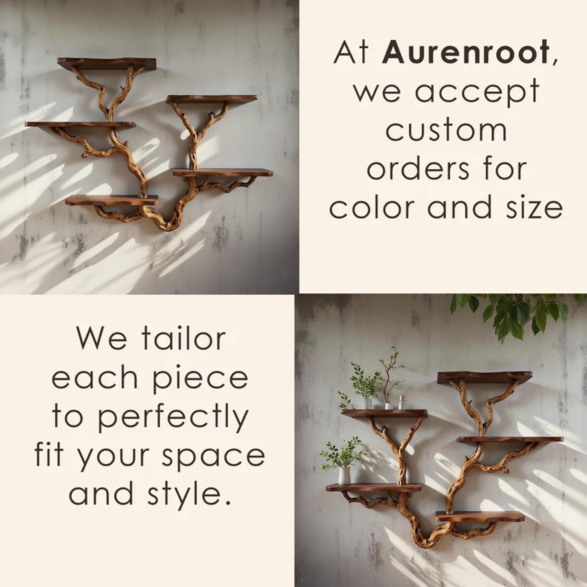 Driftwood floating tree bookshelf walnut color wall mount shelving bookcase solid wood live edge