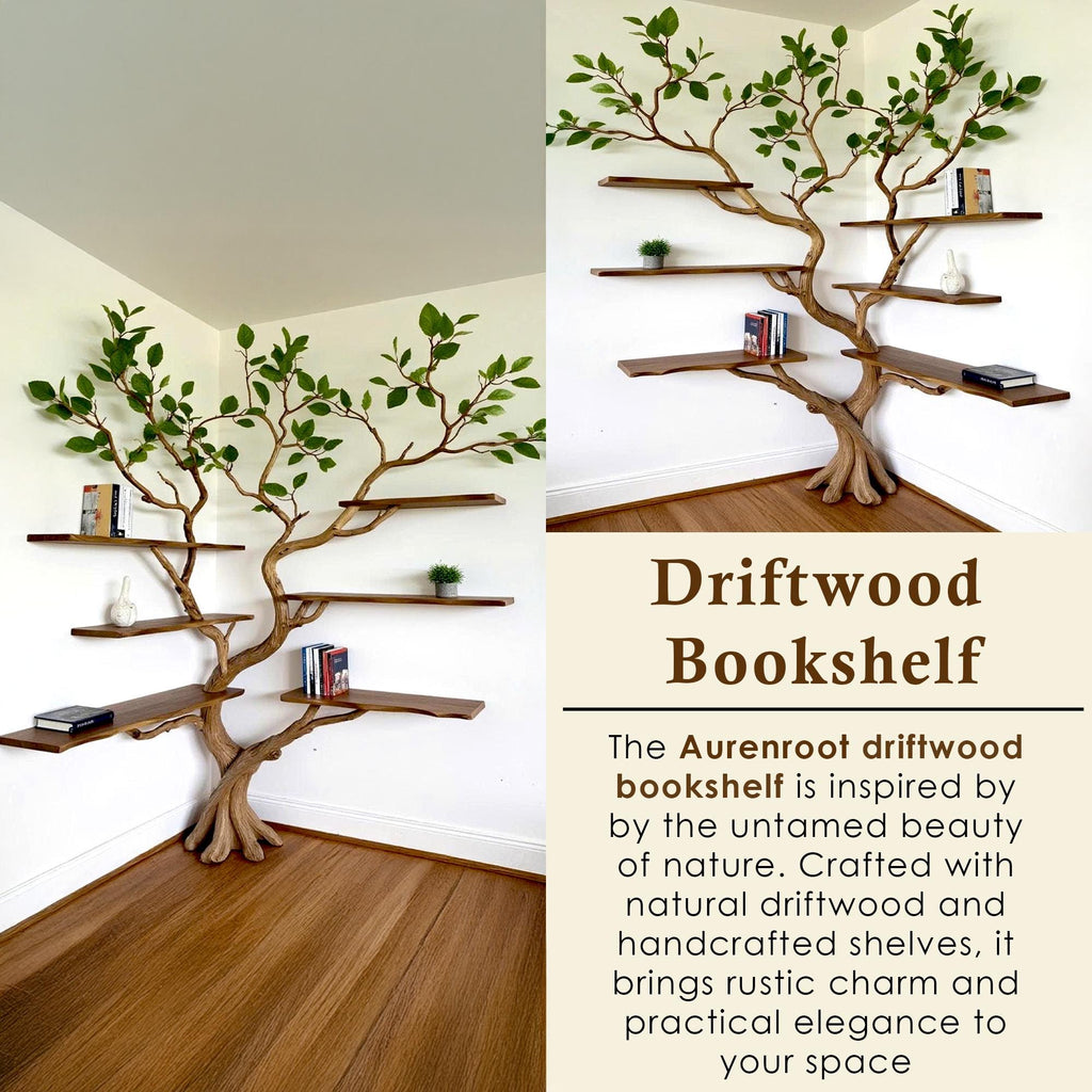 Floating corner tree branch bookshelf live edge wall mount corner driftwood bookcase solid wood shelving furniture centerpiece