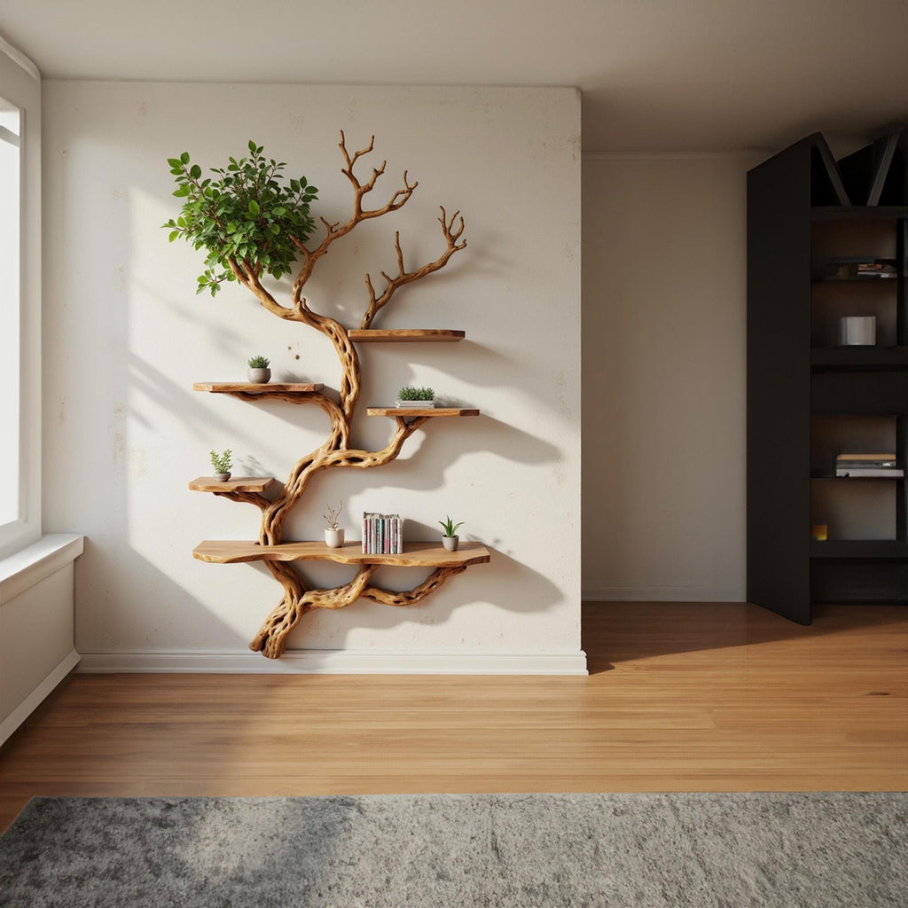 Driftwood floating bookshelf tree branch book shelf solid wood wall mounted shelves fake leaf bookcase decor