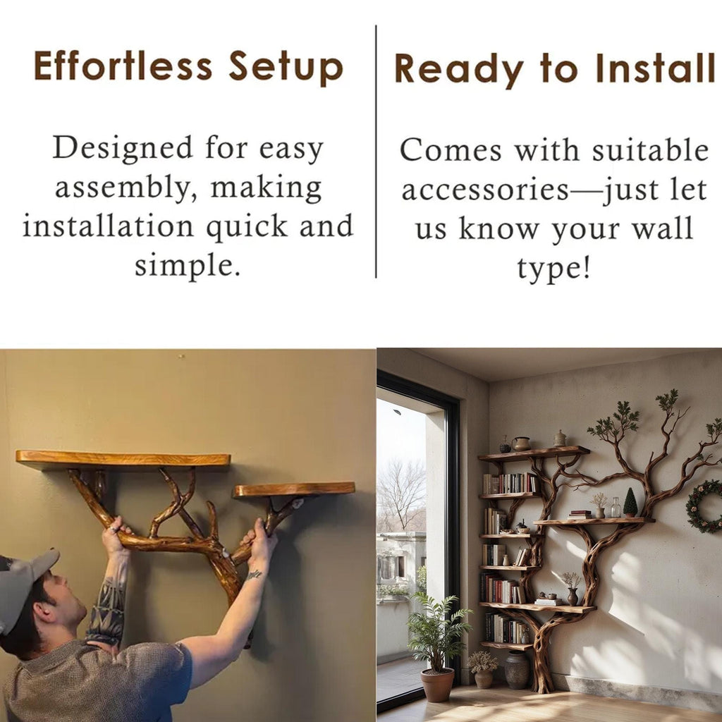 Corner dark tree bookshelf antique driftwood branch  solid wood bookcase floor standing wall mount shelf