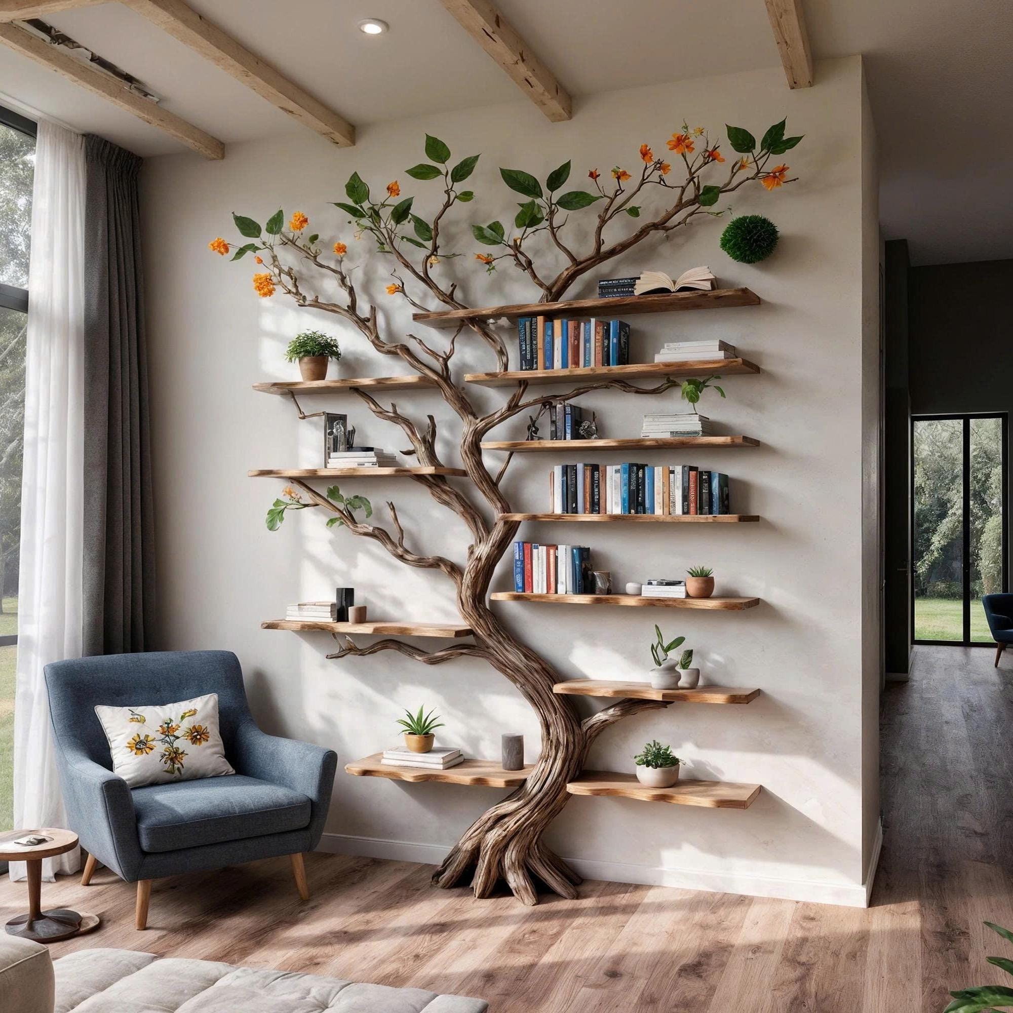Tree branch book shelf floor bookcase solid wood driftwood shelving wall mounted shelves wood carving art
