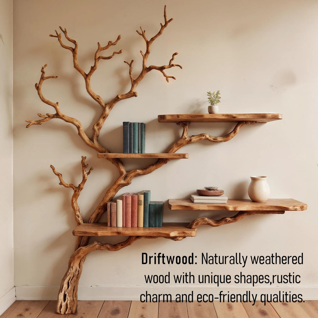 Tree branch bookshelf wall mounted bookcase art driftwood shelf solid wood bookshelves decor for living room
