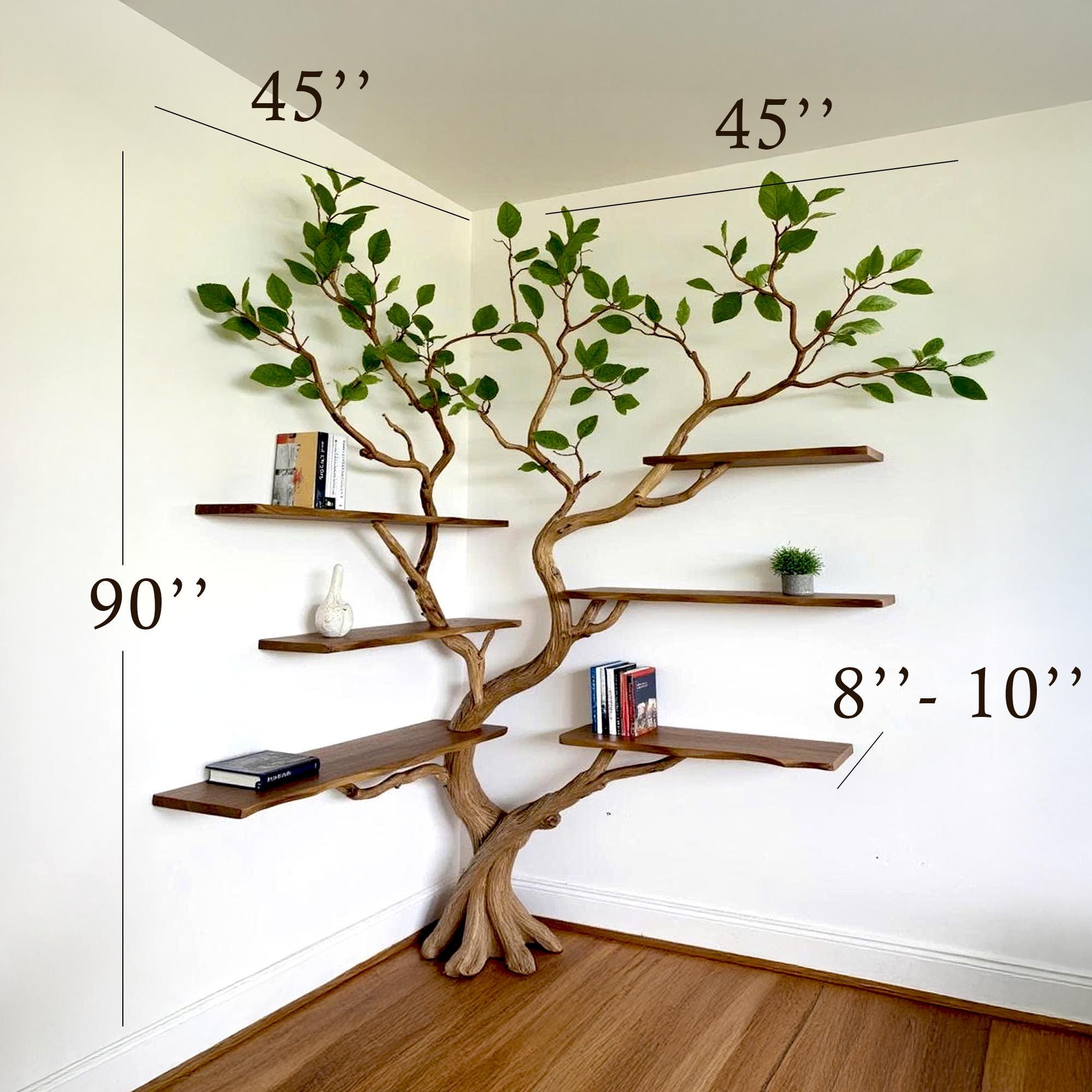 Floating corner tree branch bookshelf live edge wall mount corner driftwood bookcase solid wood shelving furniture centerpiece