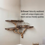 Driftwood corner wall shelf natural solidwood bookshelf art tree bracnh bookshelves unique floating shelves wall mount handmade furniture