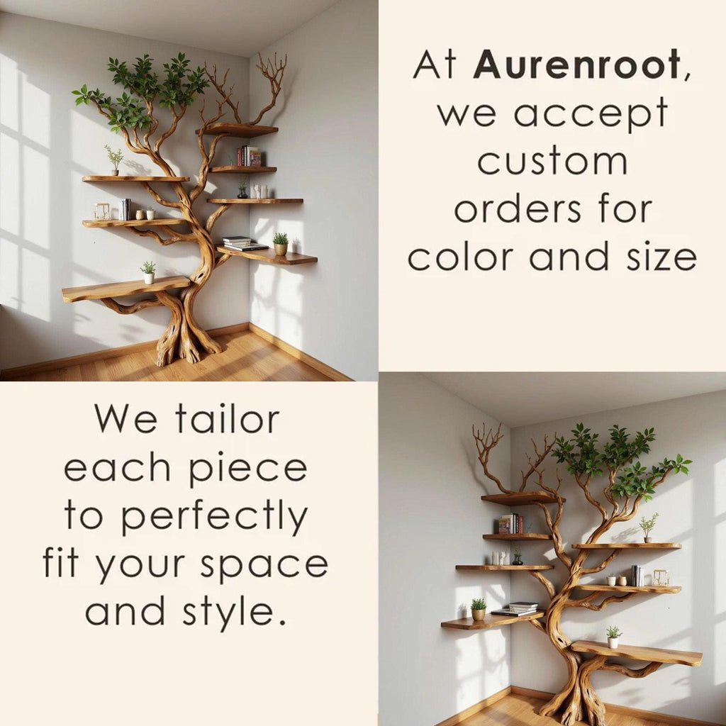 Corner tree floating bookshelf tree branch fake leaves bookcase wall mount live edge driftwood shelf