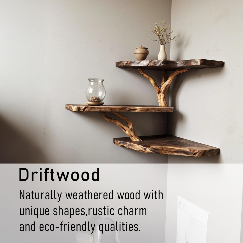 Driftwood corner wall shelf natural solidwood bookshelf art unique floating shelves wall mount handmade furniture decor