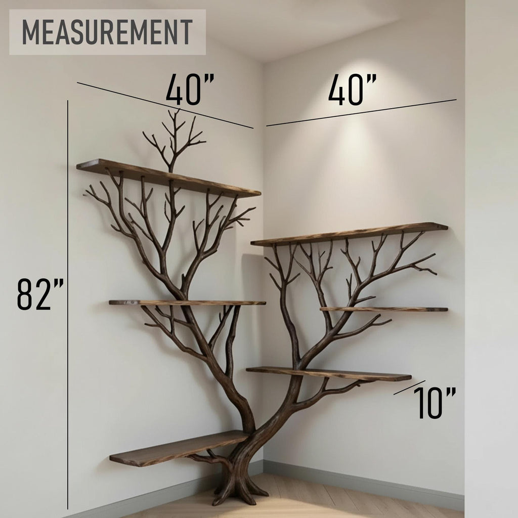 Tree branch corner floating bookshelf solid wood bookcase wall mount driftwood art decor