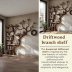 Corner dark tree bookshelf antique driftwood branch  solid wood bookcase floor standing wall mount shelf
