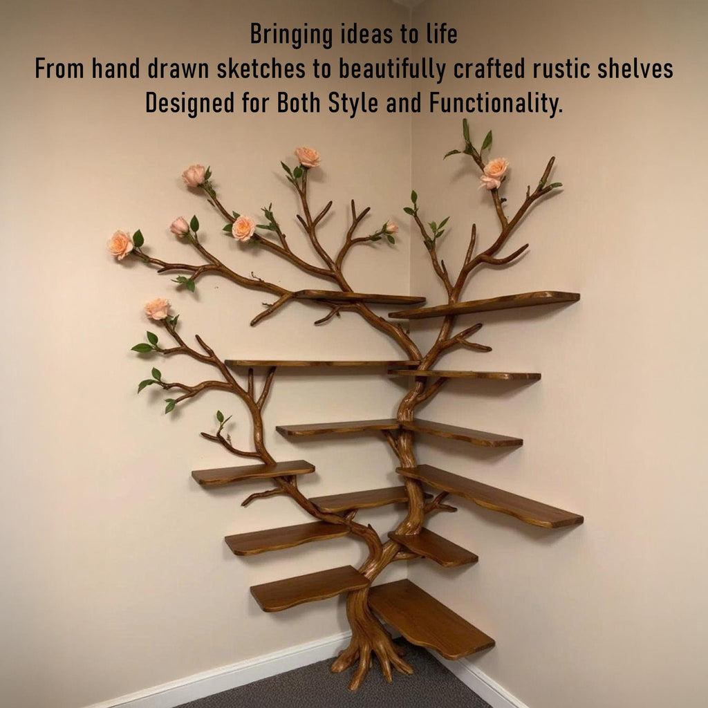 Corner driftwood tree bookshelf wall mount solid wood scupltured bookcase wood furniture decoration