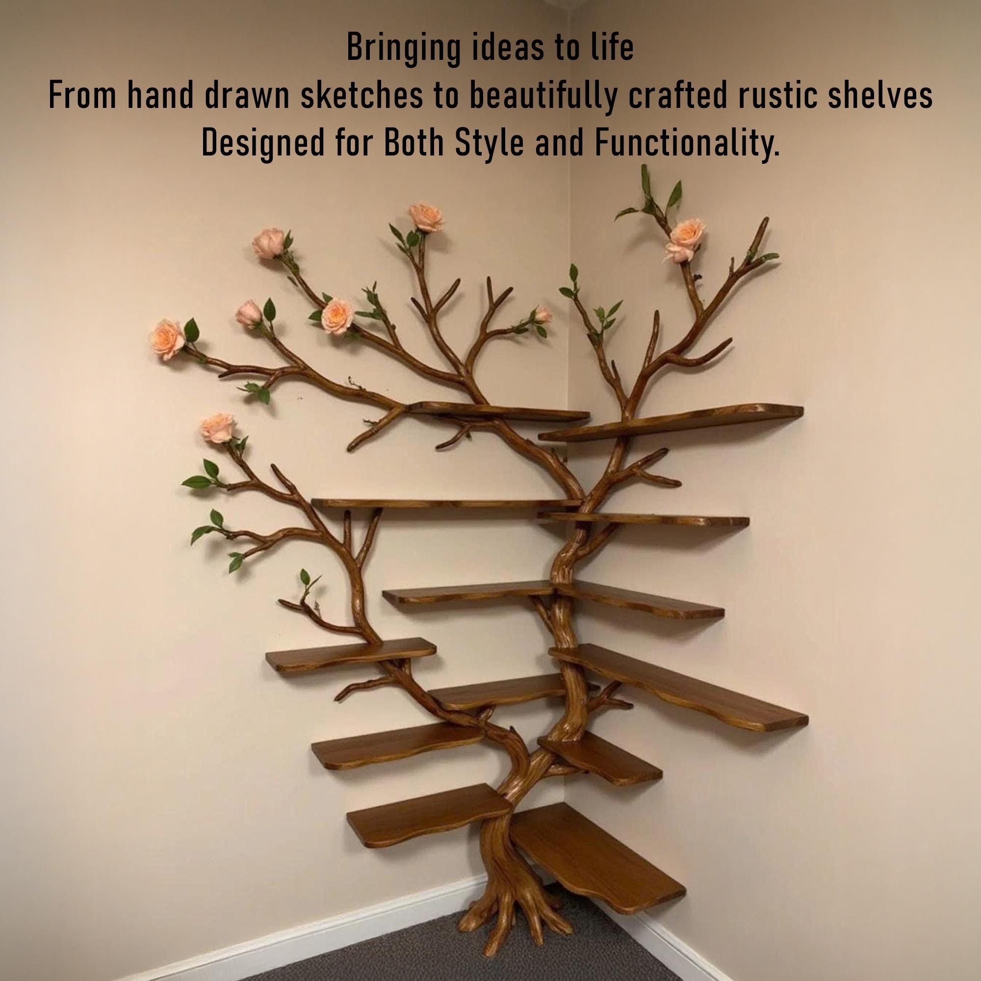 Corner driftwood tree bookshelf wall mount solid wood scupltured bookcase wood furniture decoration