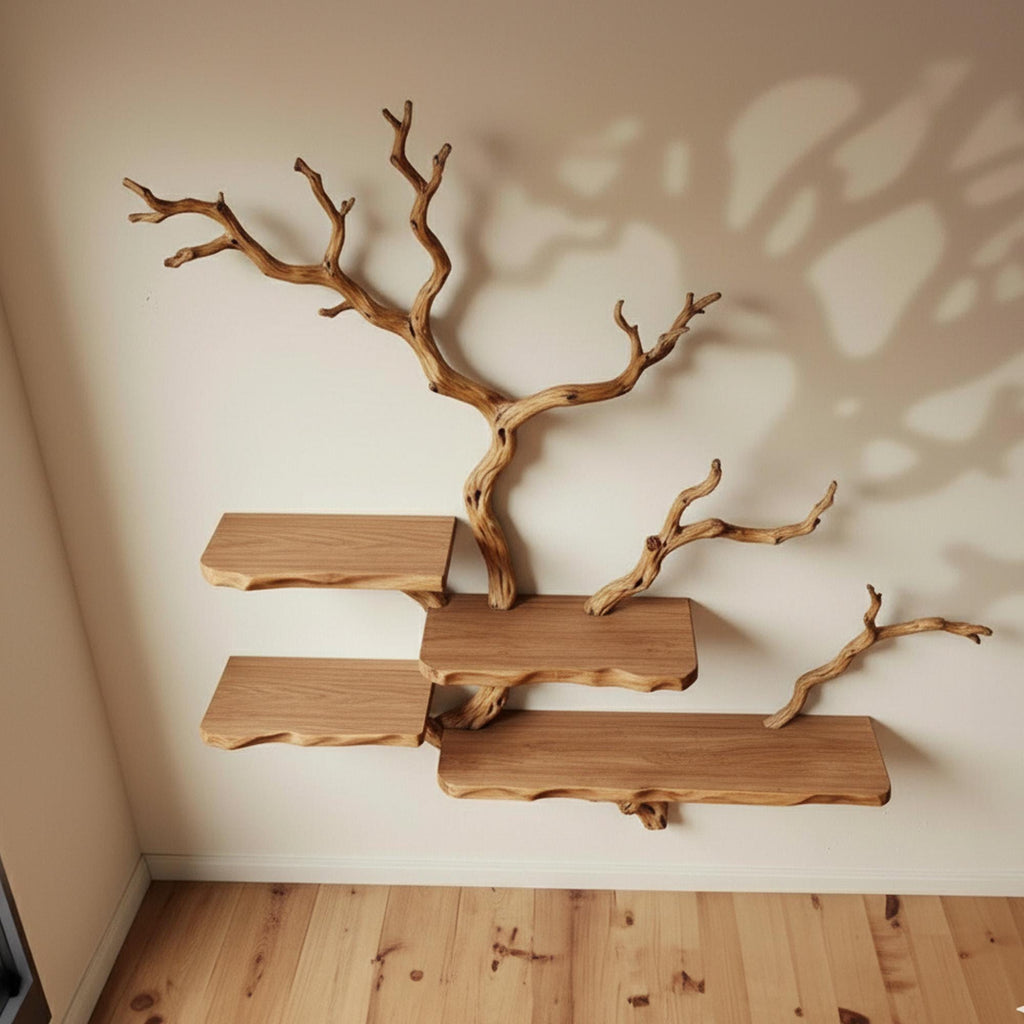 Tree bookshelf driftwood branch live edge floating shelves on wall decor