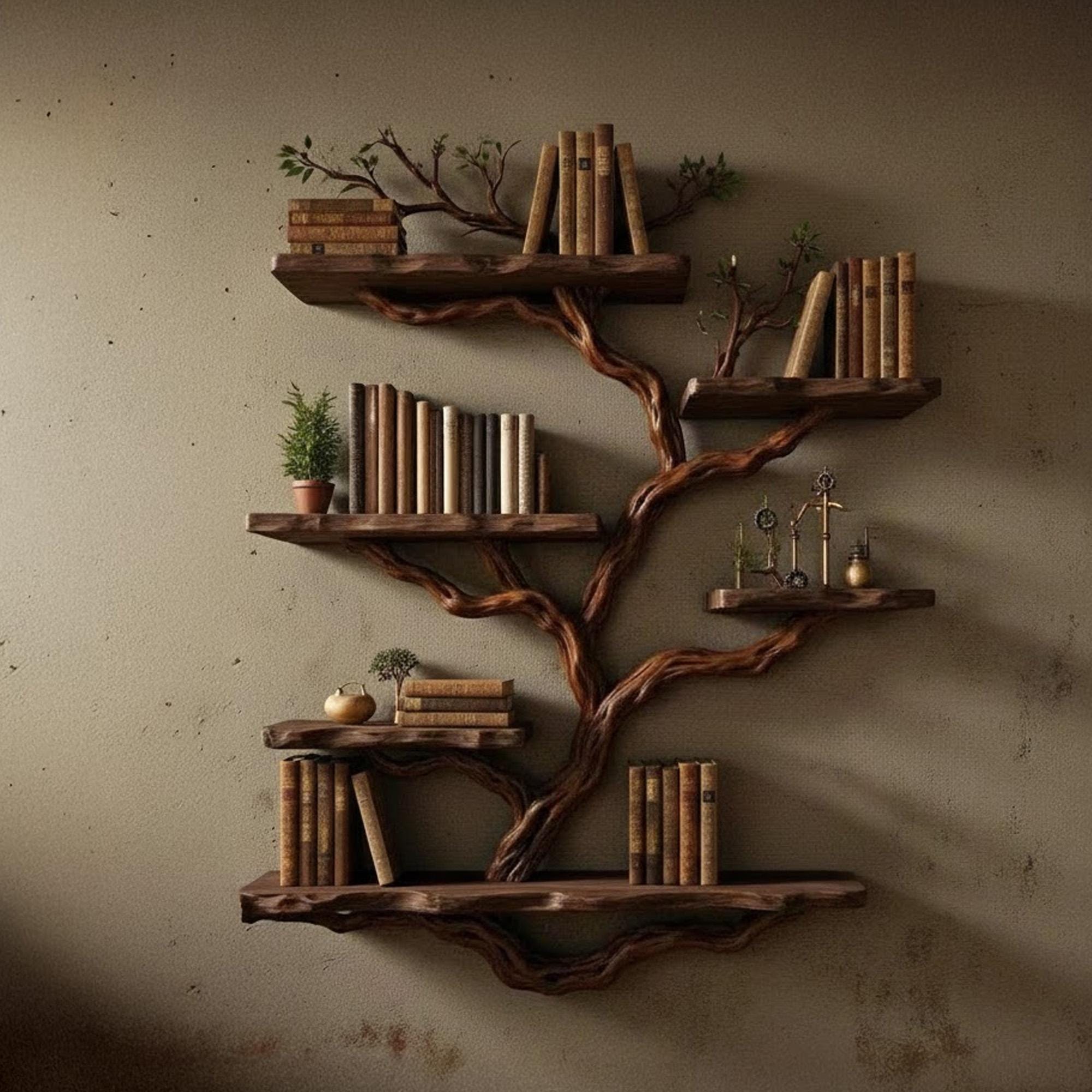 Natural driftwood tree bookshelf branch shape floating bookcase wall mount sculpture furniture